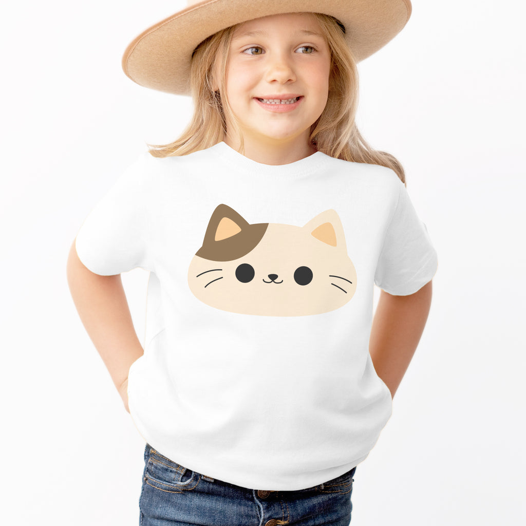 Kids Soft Cream Colored Cat Face T-Shirt - Soft Lightweight Cotton Tee