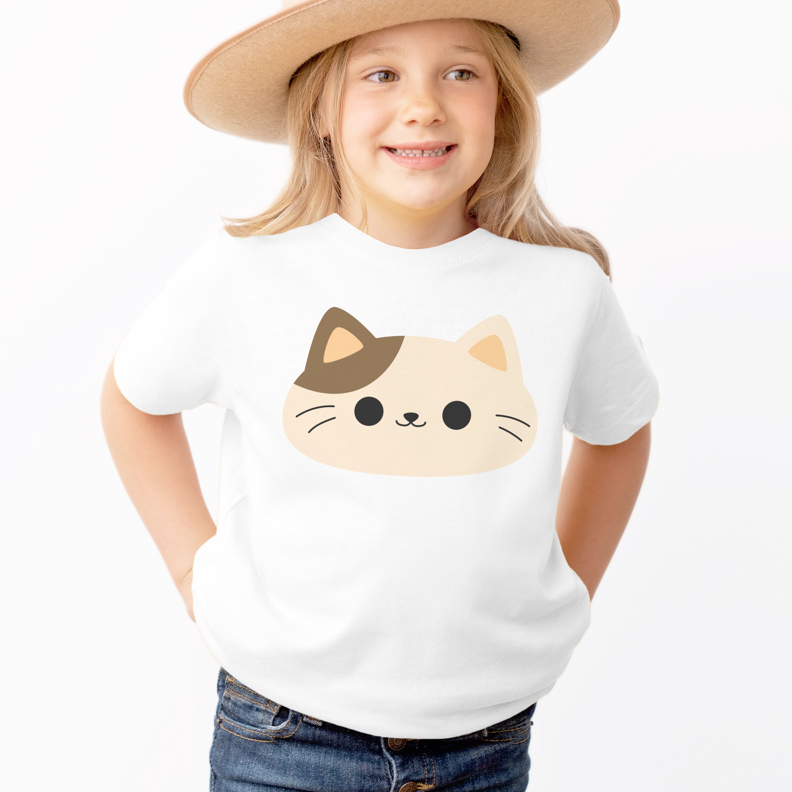Kids Soft Cream Colored Cat Face T-Shirt - Soft Lightweight Cotton Tee