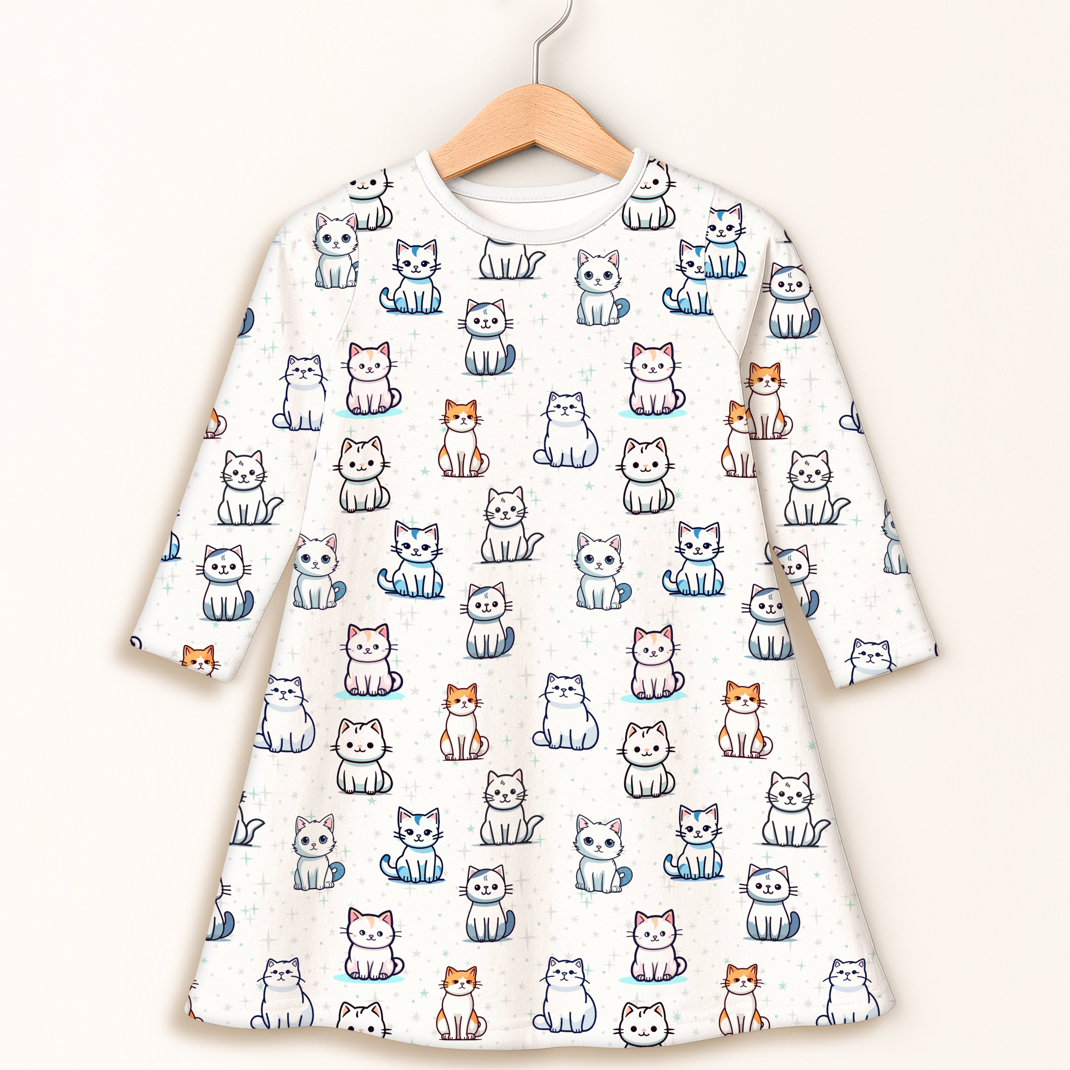 Girls Cat Pattern Long Sleeve Dress