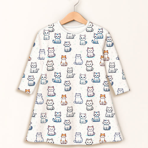 Girls cat pattern long sleeve white dress with colorful cartoon cats perfect for casual wear