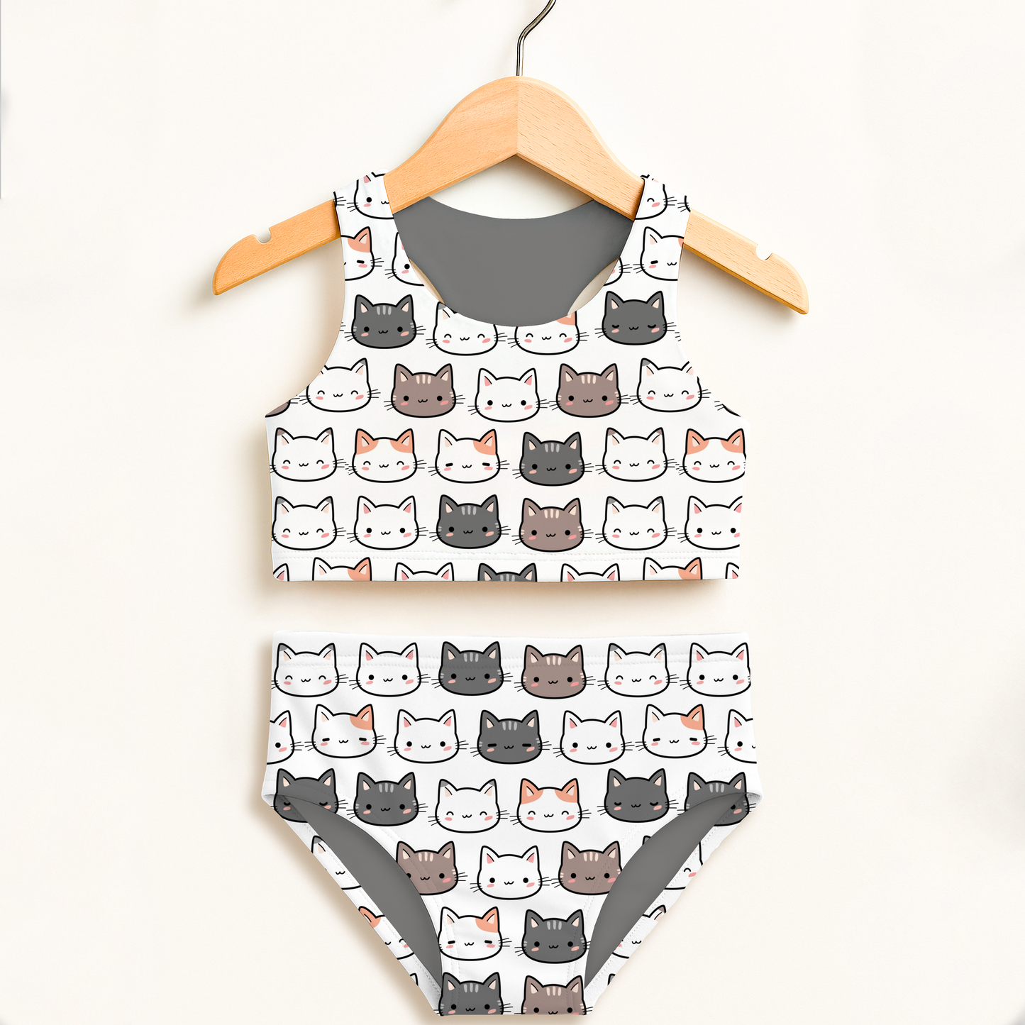 Girls Cat Two Piece Swimsuit – High Waisted, Double Layered Comfort