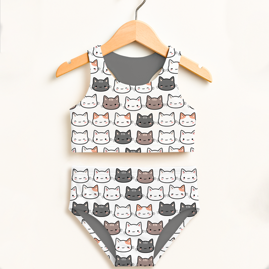 Girls Cat Two Piece Swimsuit – High Waisted, Double Layered Comfort