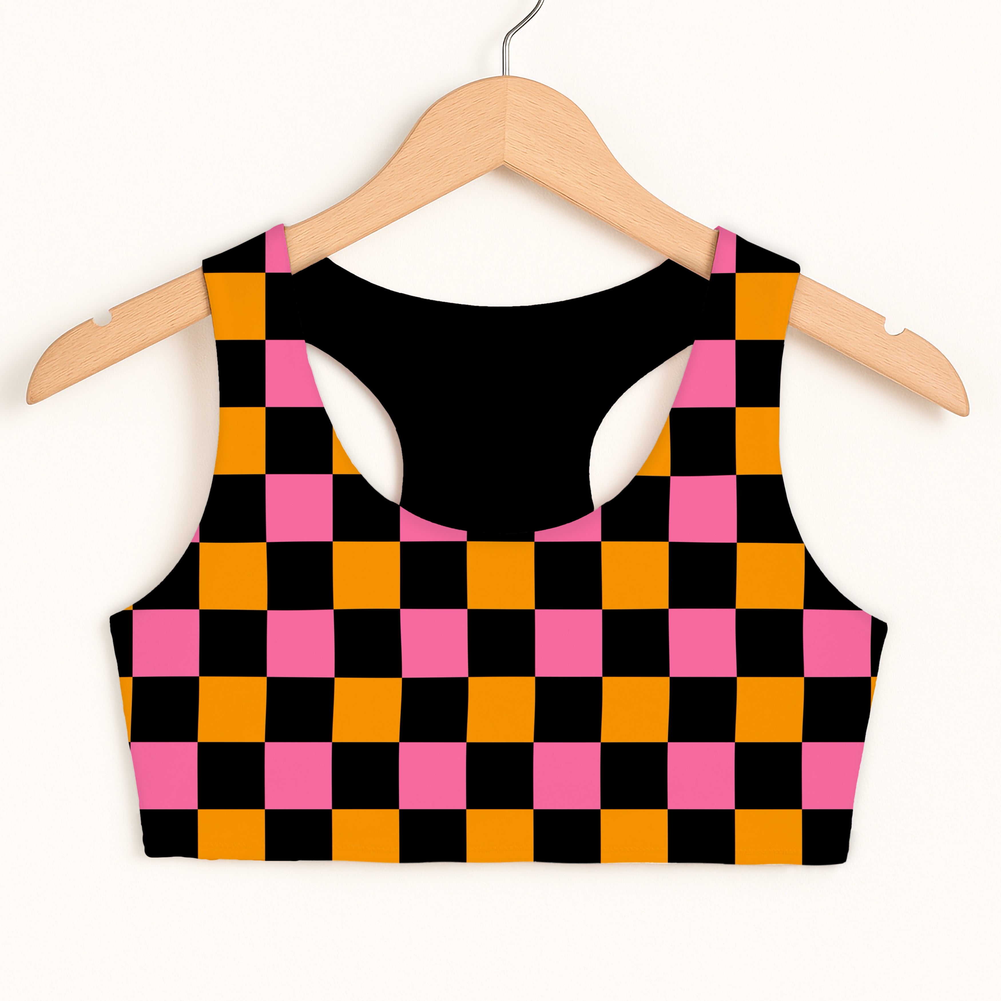 Girls Pink & Orange Checkered Halloween Sports Bra - Quick Drying, Double Layered Comfort