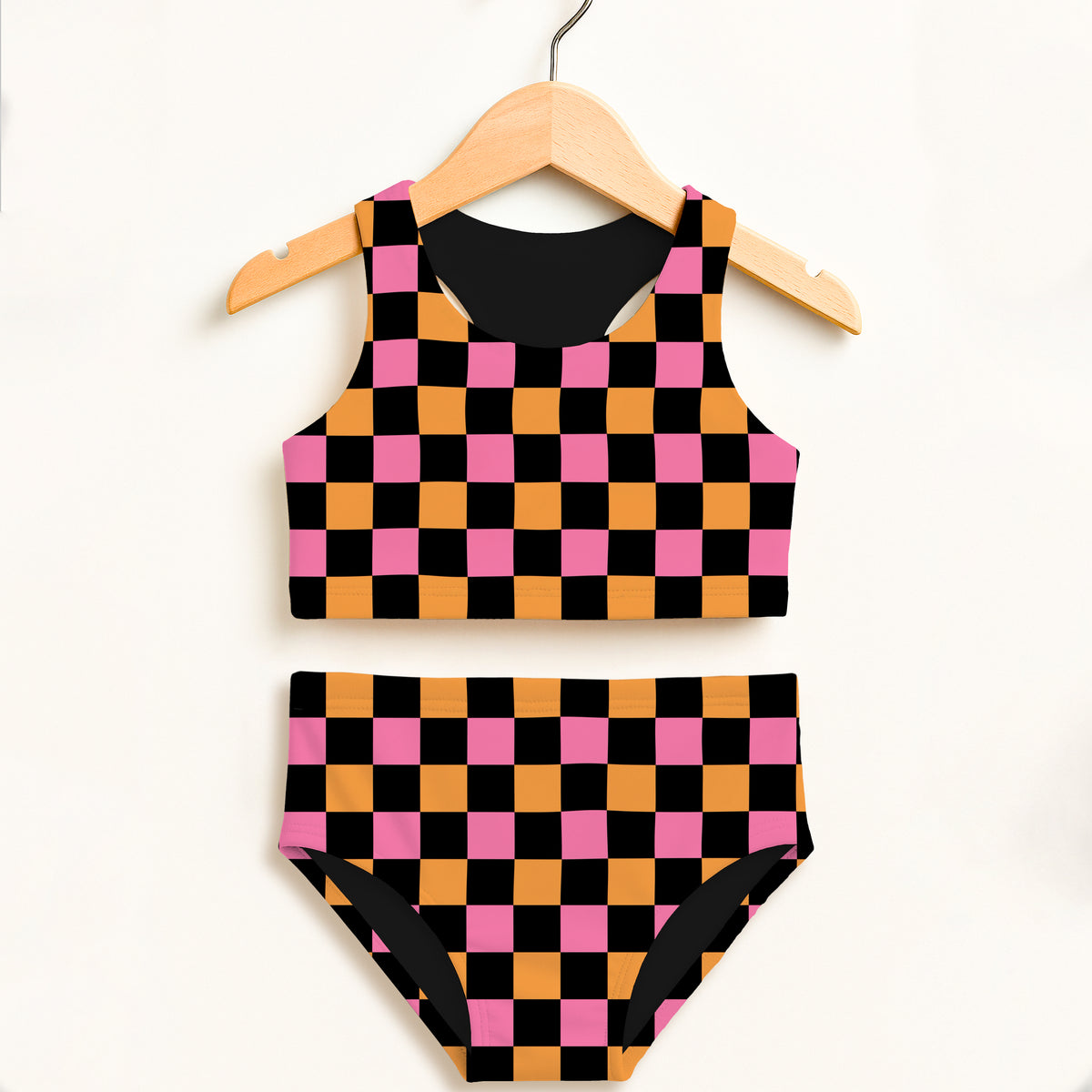 Girls Pink & Orange Checkered Halloween Two Piece Swimsuit – Double Layered UPF 50+ High Waisted Comfort