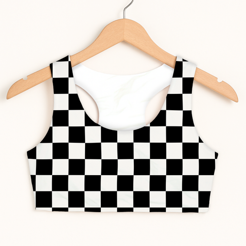 Black and white checkered girls sports bra with racerback design quick drying double layered comfort