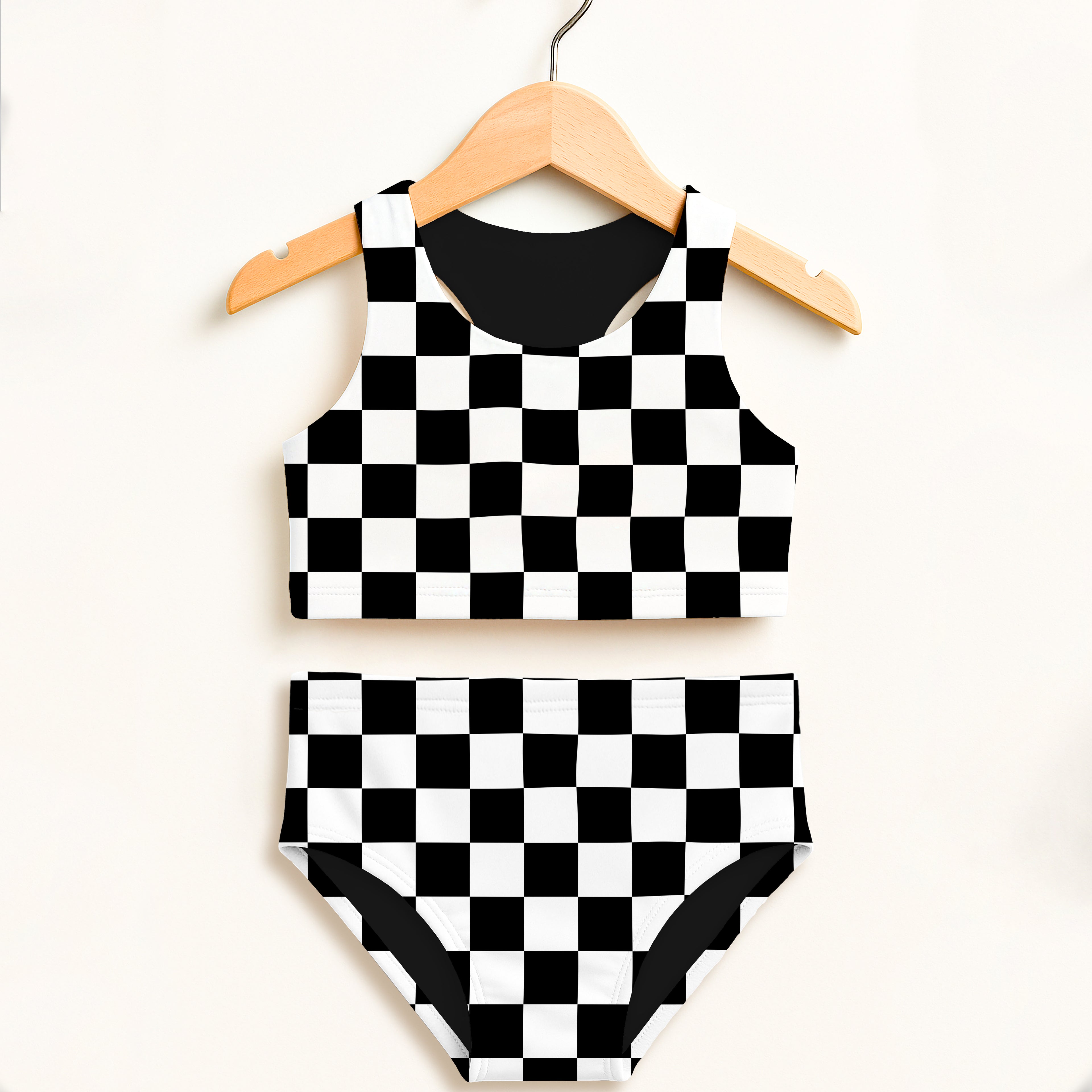 Girls checkered two piece swimsuit with black inner lining high waisted comfort and double layered UPF 50 plus protection