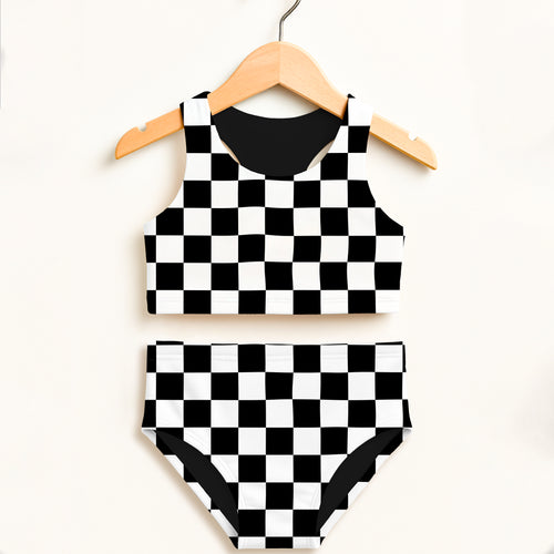 Girls checkered two piece swimsuit with black inner lining high waisted comfort and double layered UPF 50 plus protection