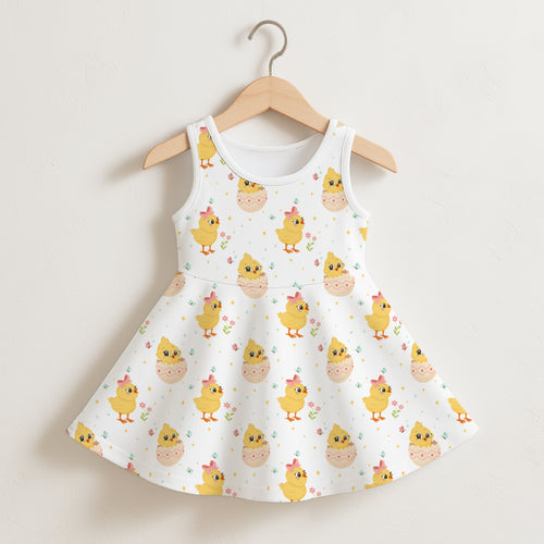 White sleeveless girls dress with playful yellow chicks and eggshell pattern perfect for Easter and springtime wear