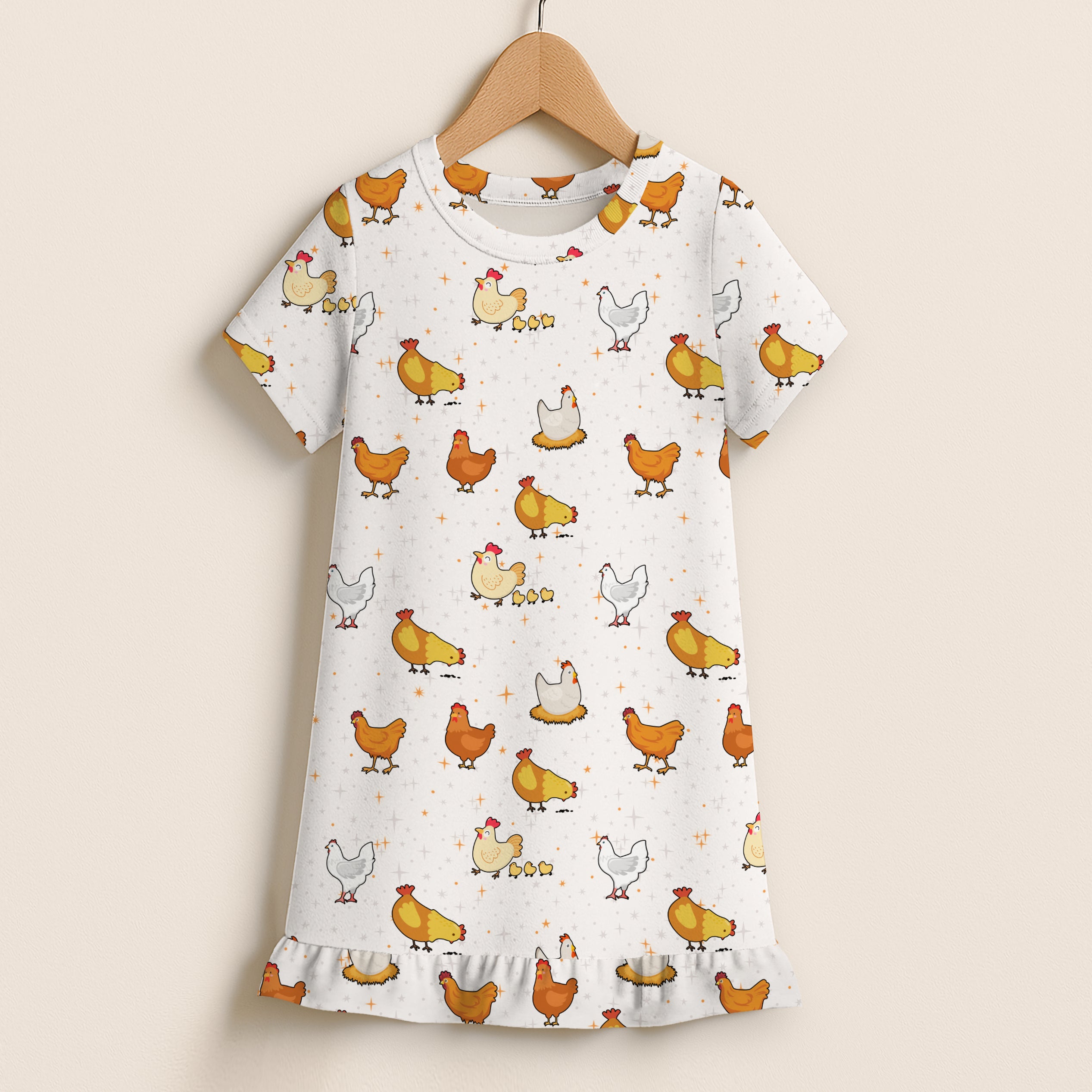 Girls Chicken Pattern Short Sleeve Ruffle Hem Dress