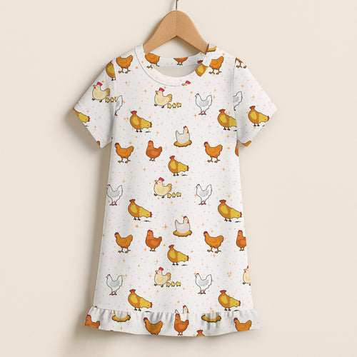 White short-sleeved nightgown with playful orange yellow and white chicken and chick pattern for girls