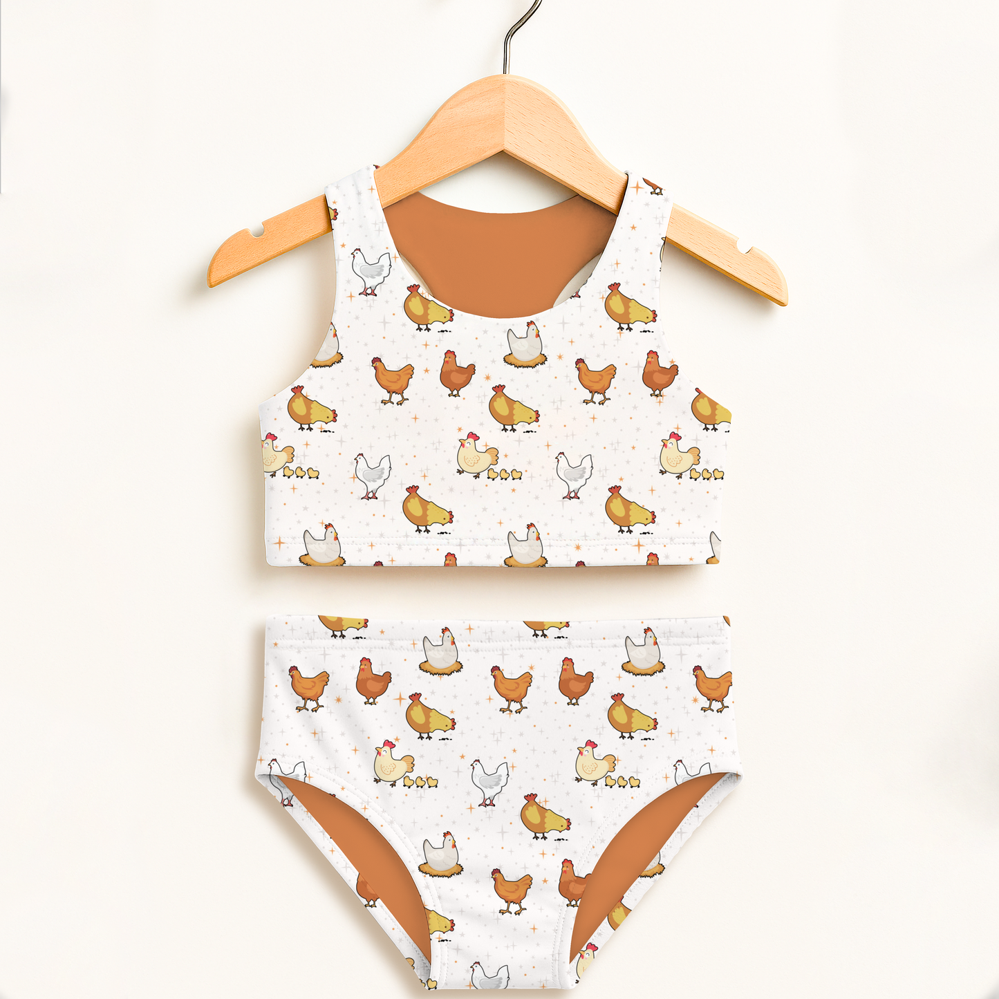 Girls Chicken Pattern Two Piece Swimsuit – High Waisted, Double Layered Comfort