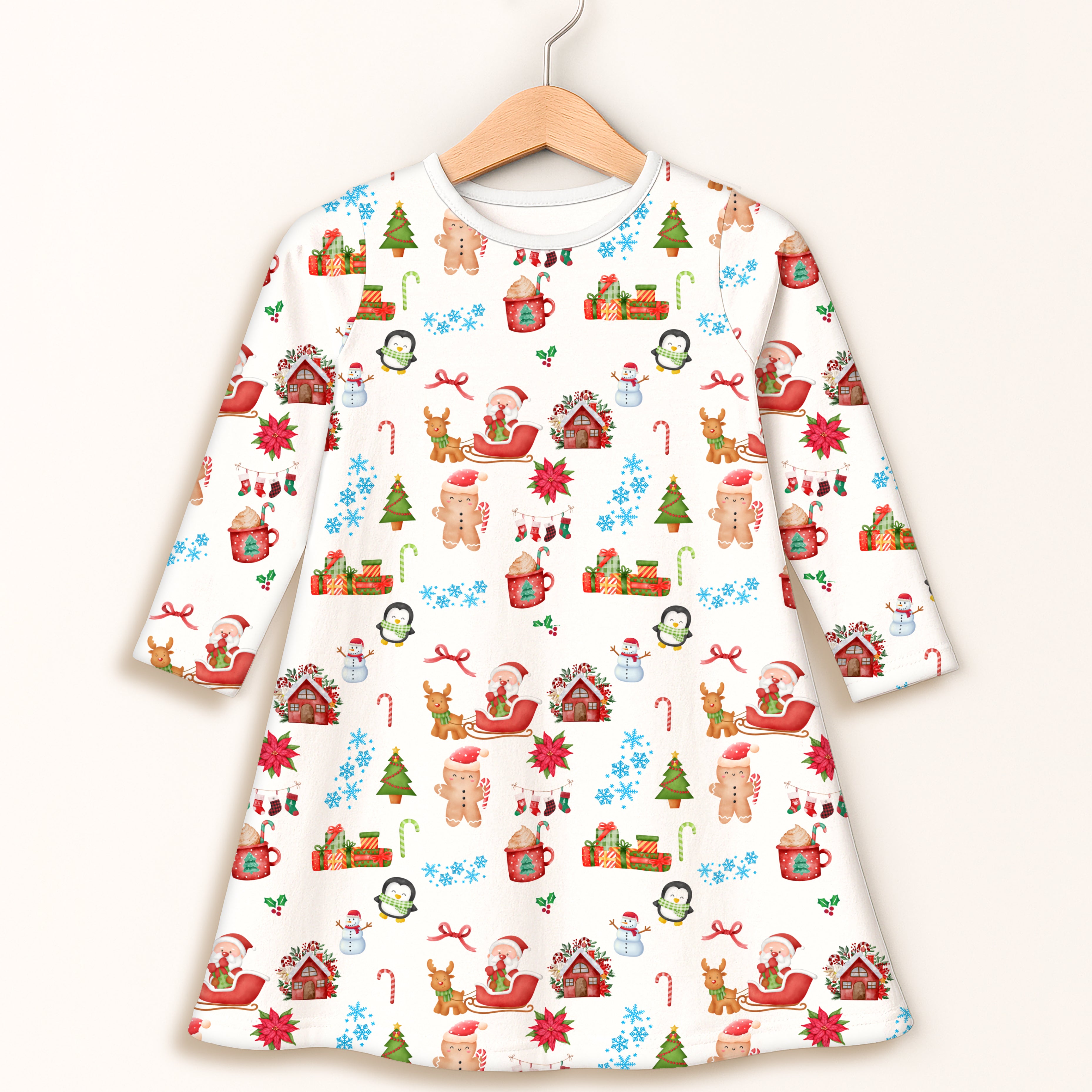 Girls christmas long sleeve dress in white with festive gingerbread men snowmen santa sleighs candy canes pattern