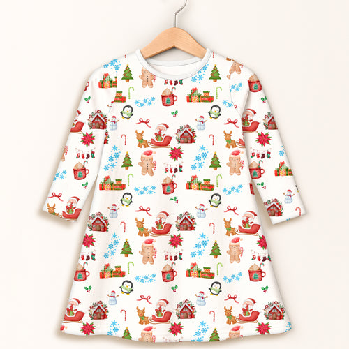 Girls christmas long sleeve dress in white with festive gingerbread men snowmen santa sleighs candy canes pattern
