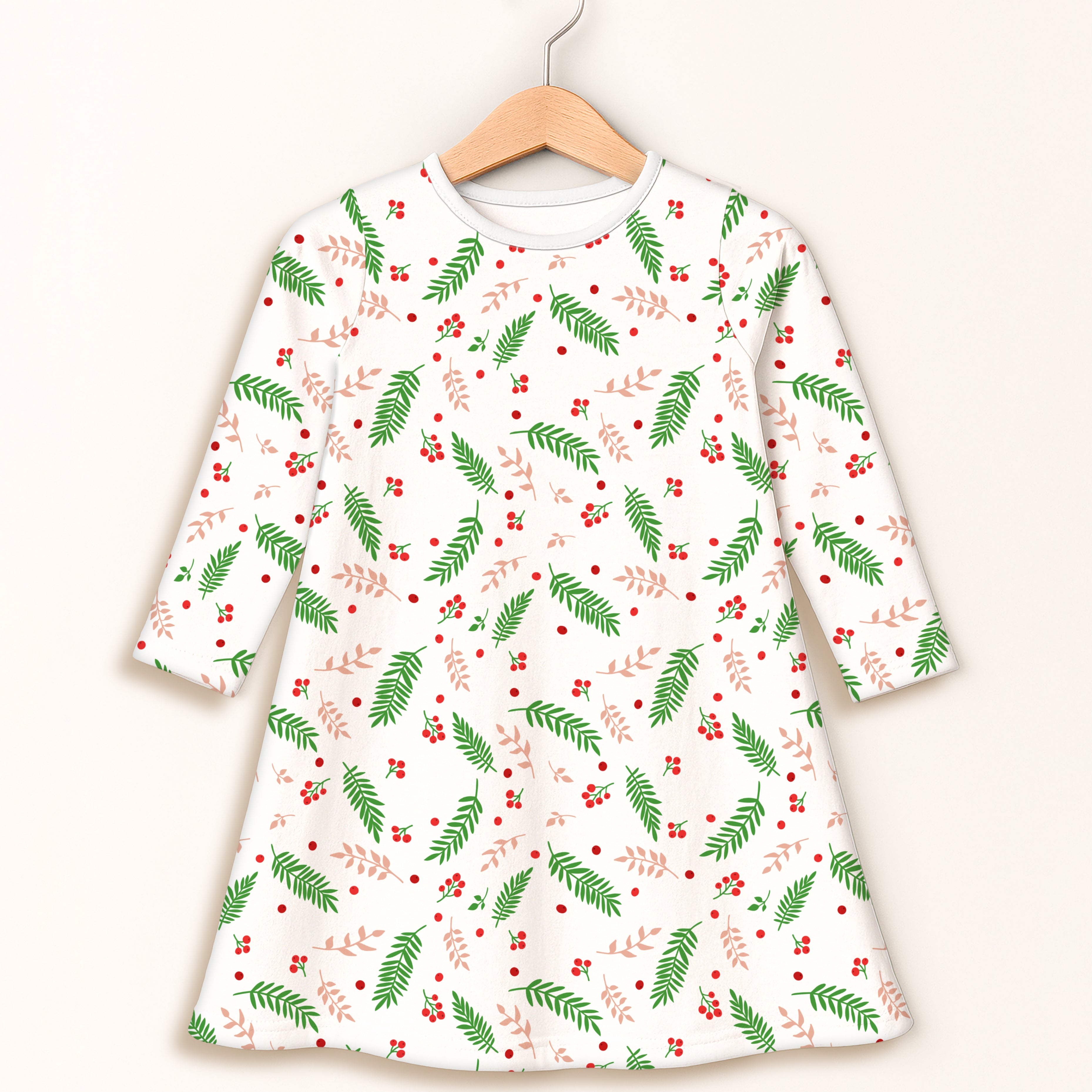 Girls holly christmas leaf long sleeve dress white with green leaves red berries and light pink stems pattern