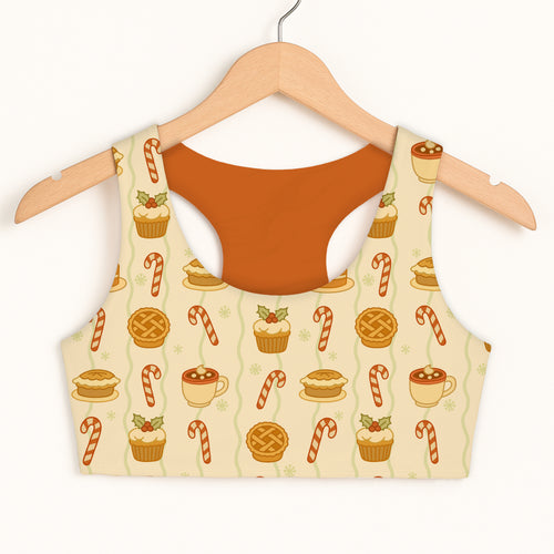 Girls christmas treats sports bra beige festive crop top with cupcakes candy canes pies quick drying double layered comfort