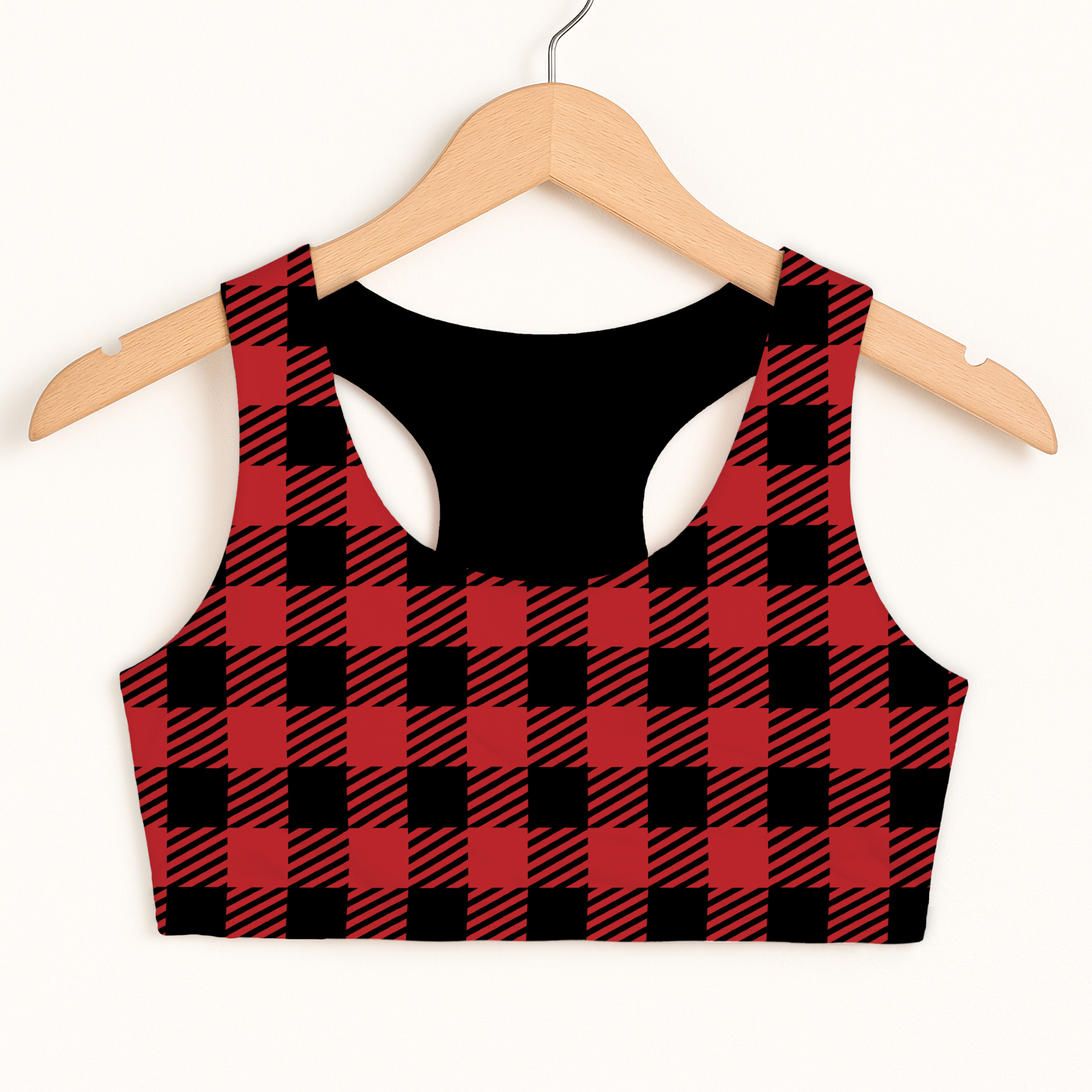 Girls red plaid Christmas sports bra back view with racerback design quick drying double layered comfort