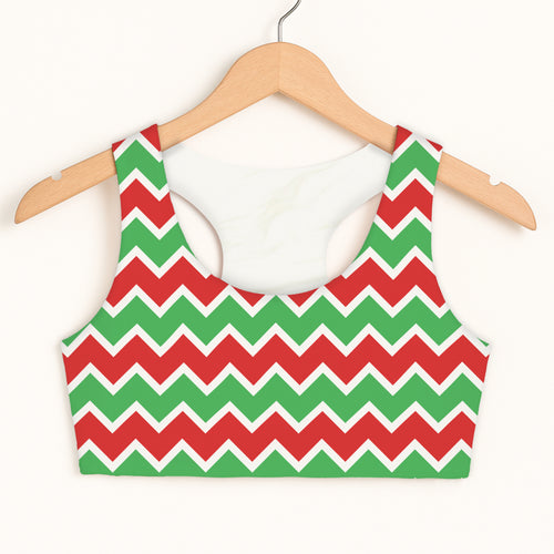 Girls christmas chevron sports bra in red and green with white trim quick drying double layered comfort hanging on hanger