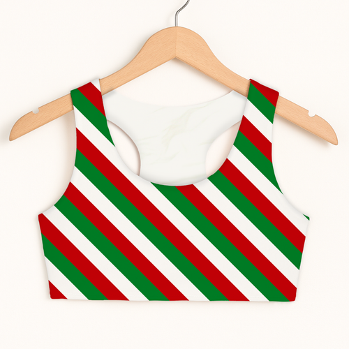 Girls candy cane stripe sports bra with red green and white stripes racerback quick drying double layered comfort