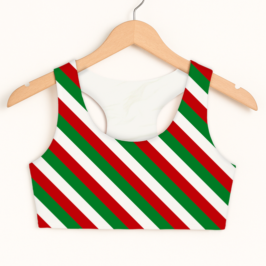 Girls Candy Cane Stripe Sports Bra — Quick Drying, Double Layered Comfort