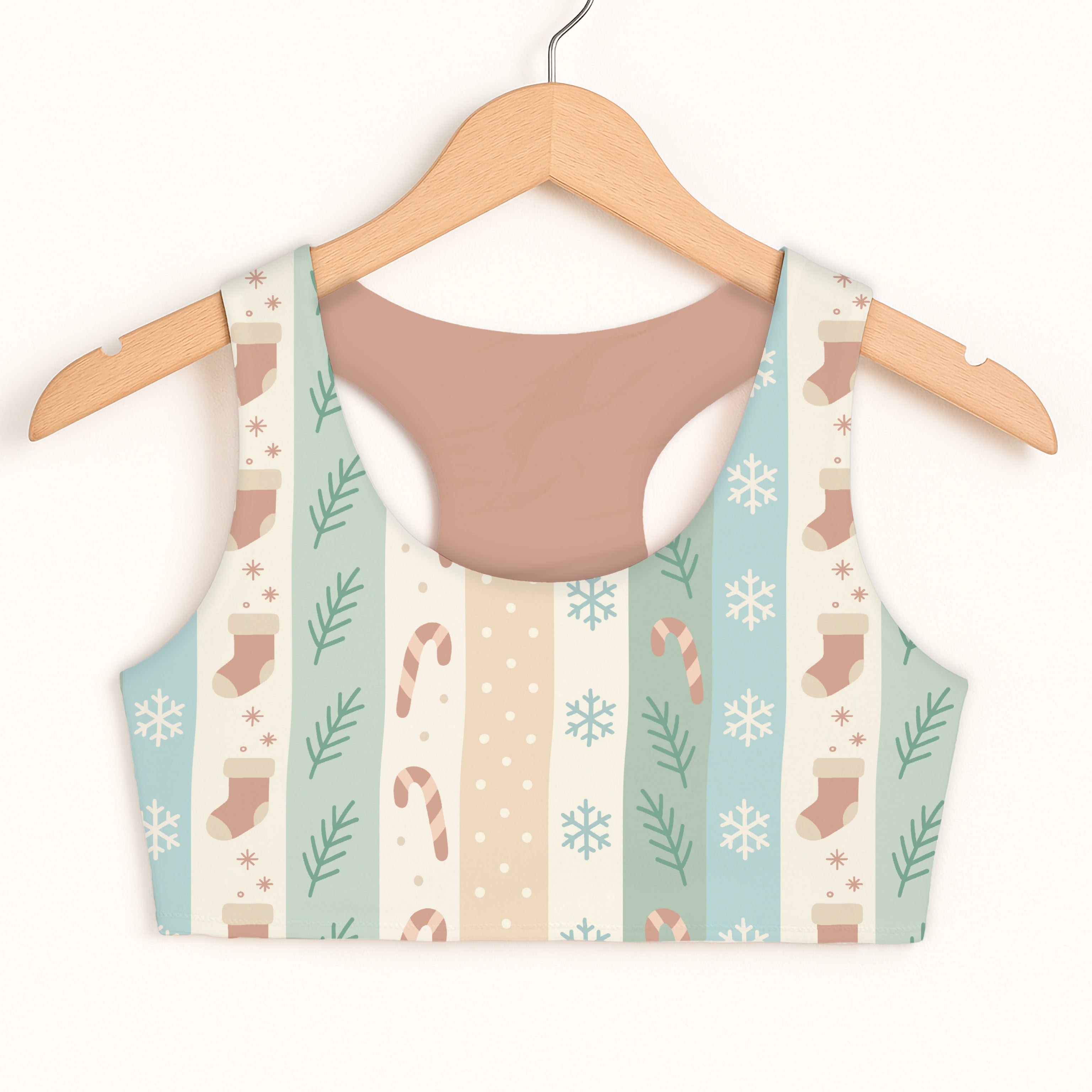 Girls Pastel Christmas Stripes Sports Bra - Quick Drying, Double Layered Comfort