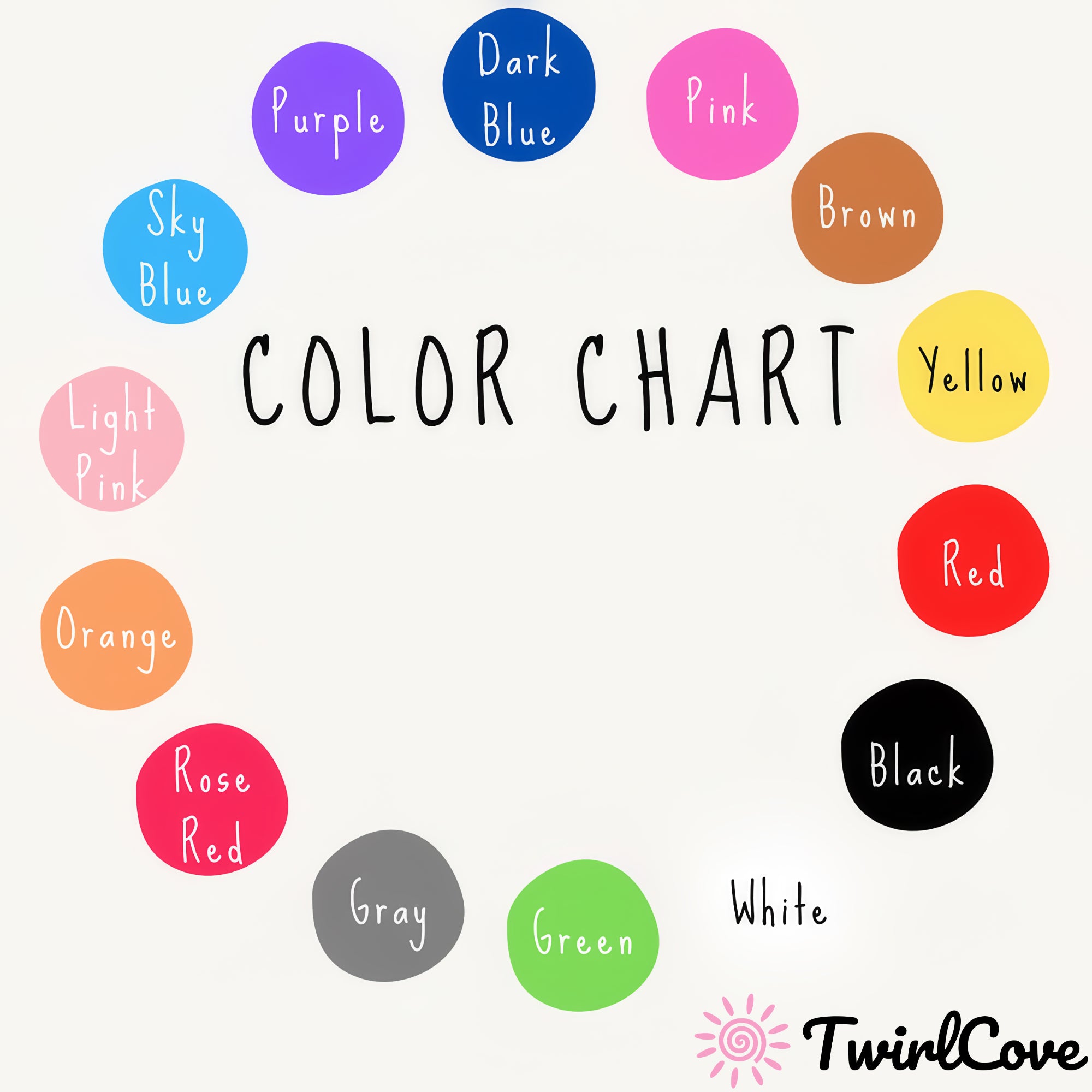 Colorful circular color chart with labeled hues and twirlcove brand for kids custom name towel design selection