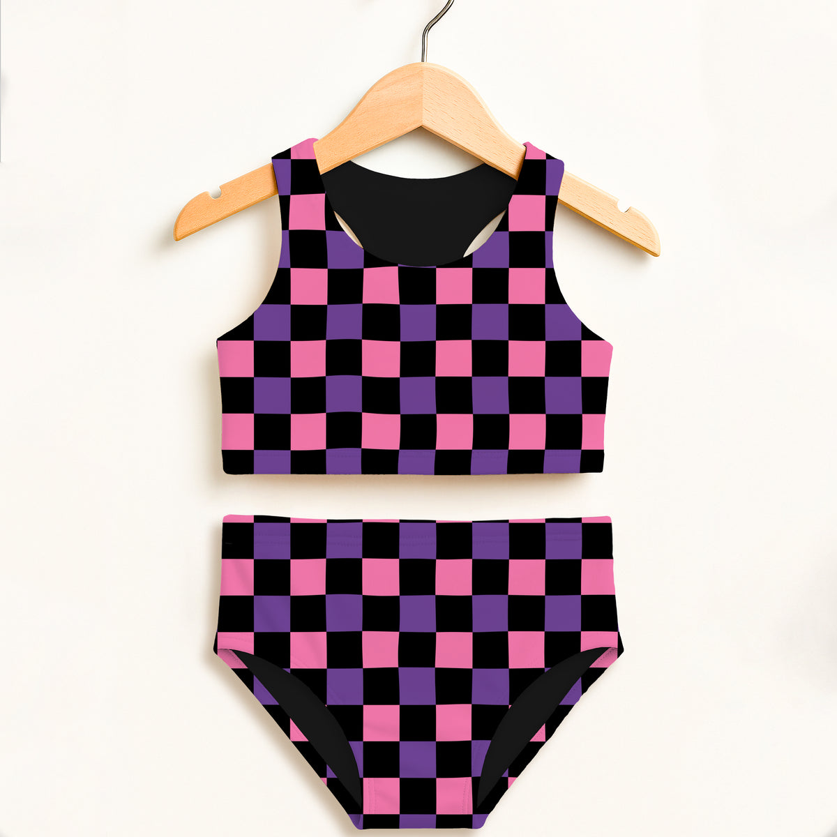 Girls Pink & Purple Checkered Halloween Two Piece Swimsuit – Double Layered UPF 50+ High Waisted Comfort