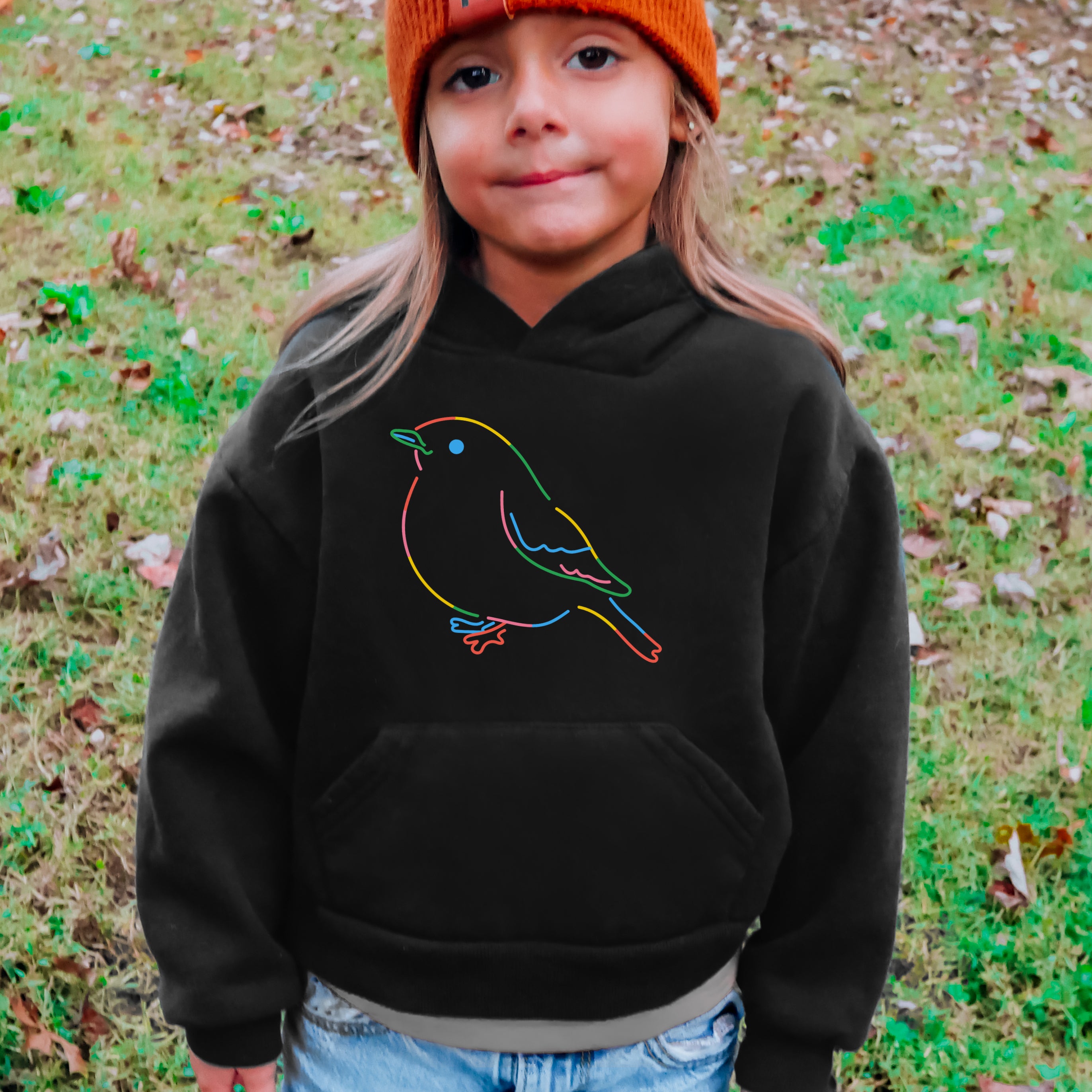 Kids colorful bird outline hoodie featuring a black cotton fabric with a neon colorful bird design on the front