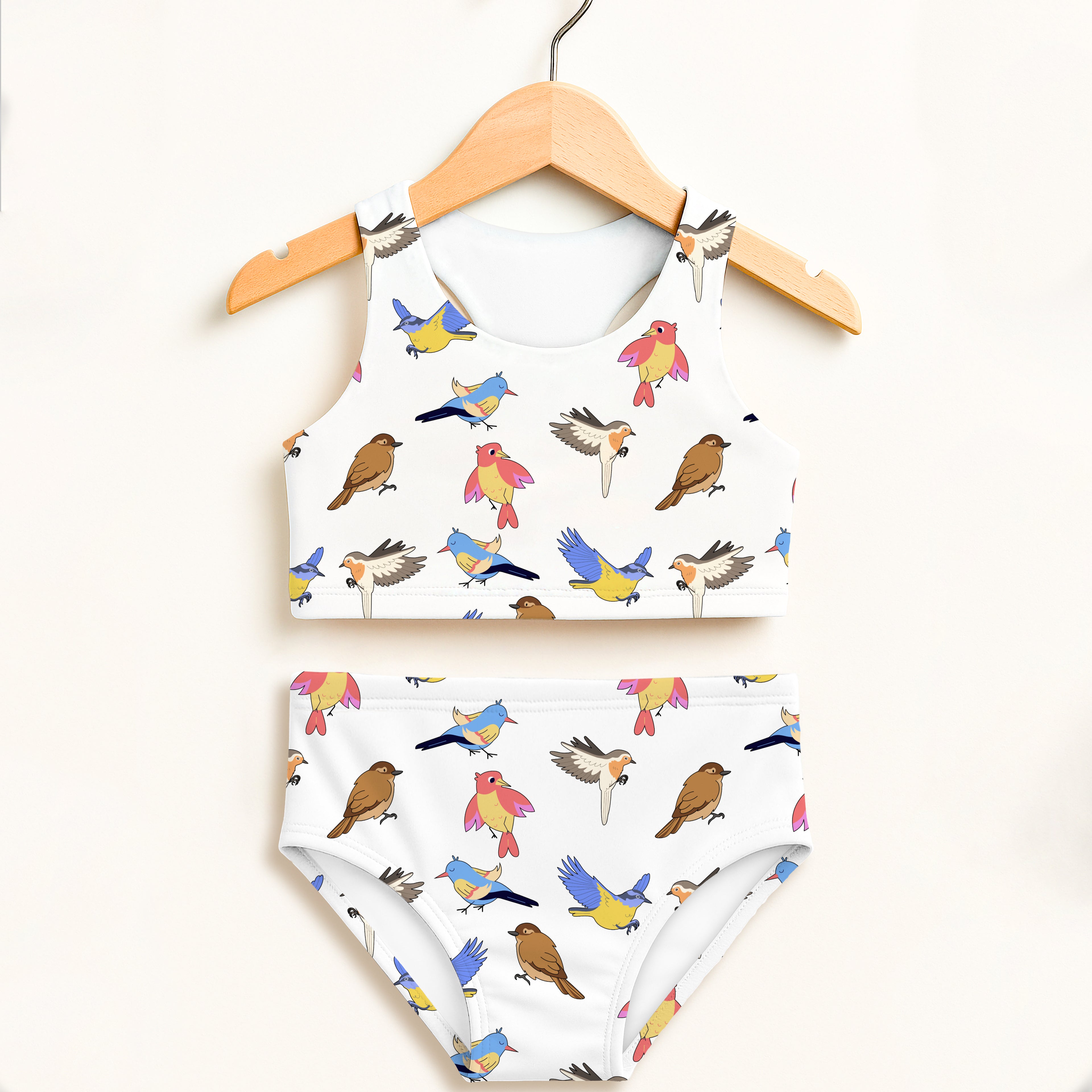 White girls bird themed two piece swimsuit with colorful cartoon birds double layered upf 50 high waisted comfort