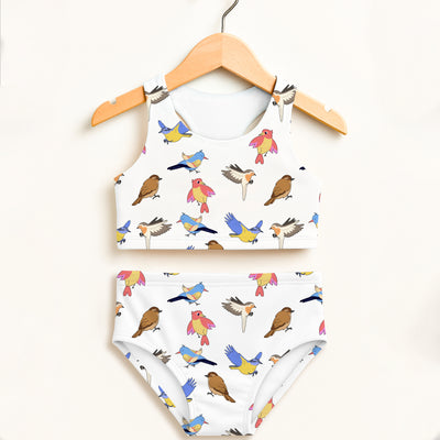 White girls bird themed two piece swimsuit with colorful cartoon birds double layered upf 50 high waisted comfort