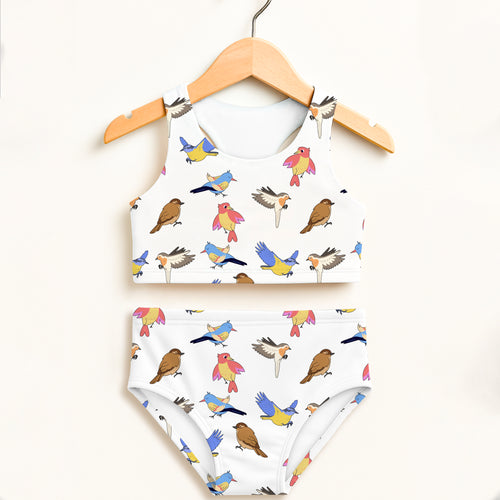 White girls bird themed two piece swimsuit with colorful cartoon birds double layered upf 50 high waisted comfort