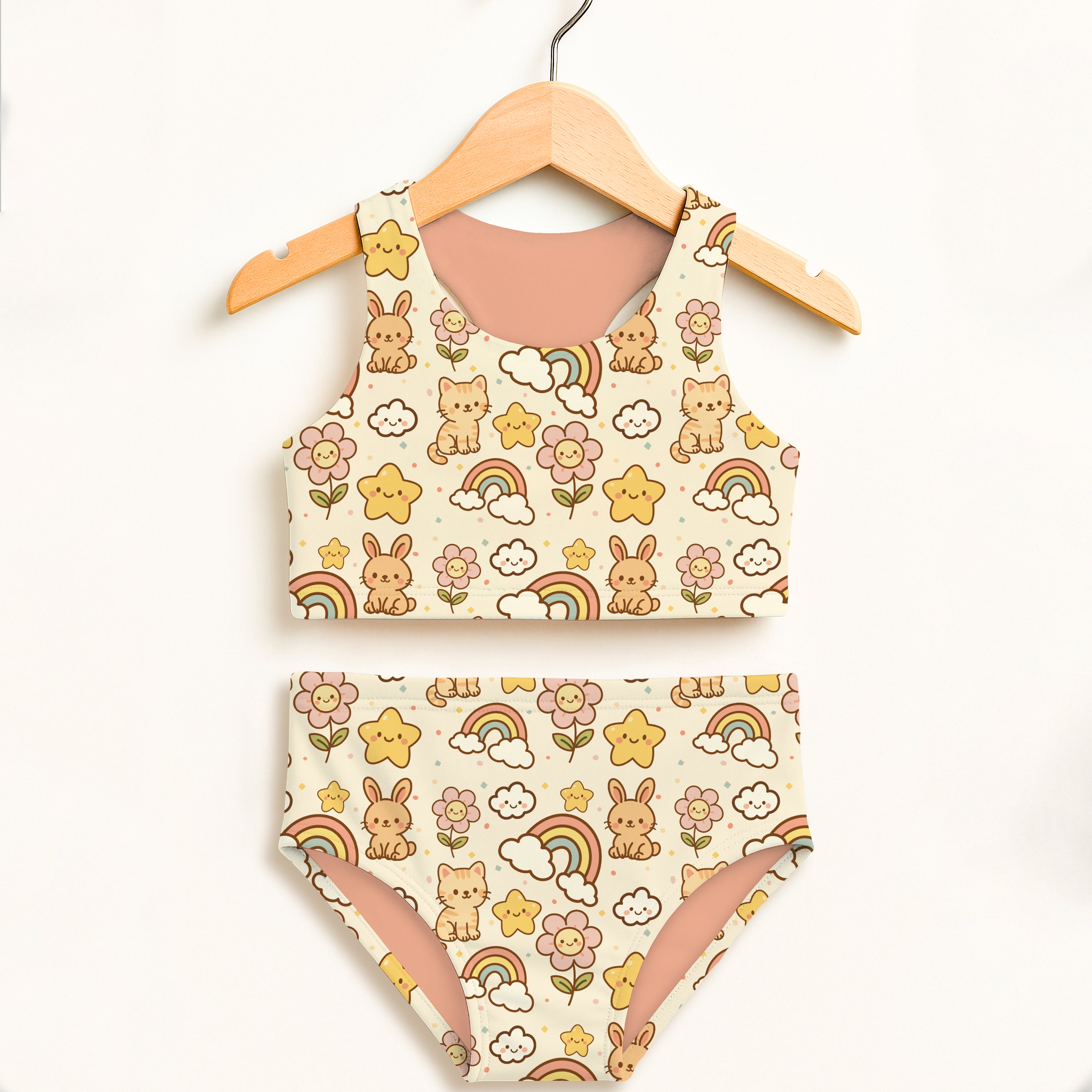 Girls rainbow bunny and kitty two piece swimsuit in pastel cream with cartoon pattern and upf 50 plus protection