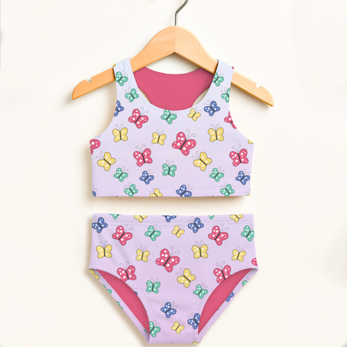 Pastel lavender butterfly-print two-piece swimsuit with pink lining featuring double layered UPF 50+ high waist design