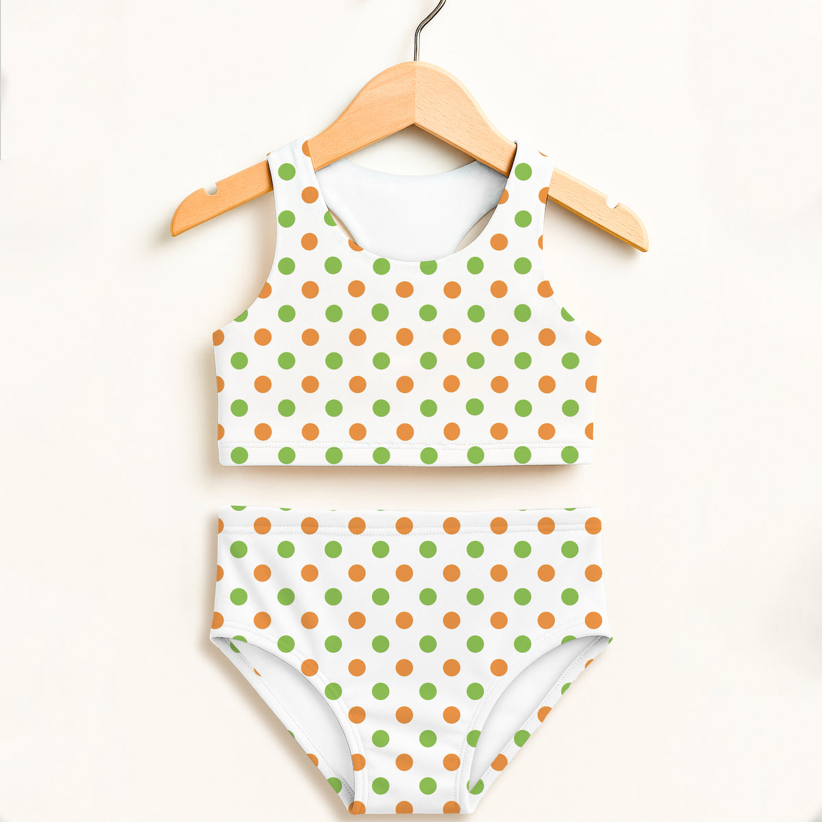 Girls Orange & Green Halloween Polka Dot Two Piece Swimsuit – Double Layered UPF 50+ High Waisted Comfort