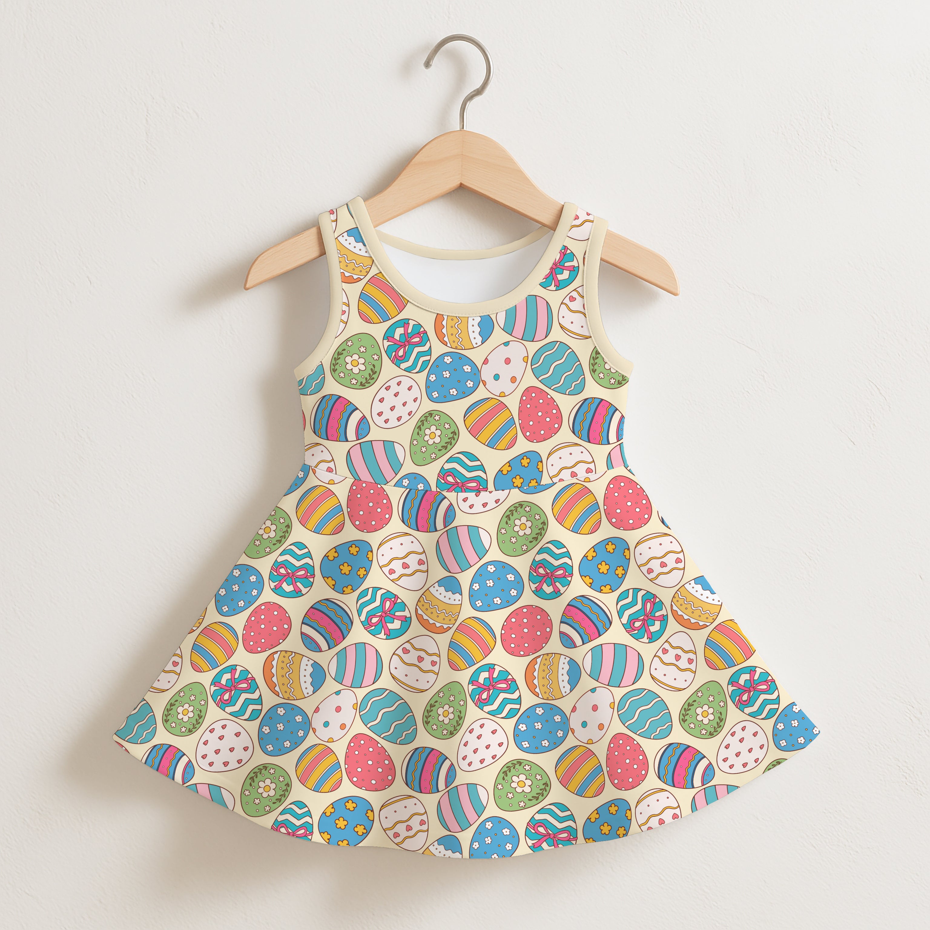Girls bright patterned Easter egg sleeveless dress in vibrant blue green pink yellow on cream background