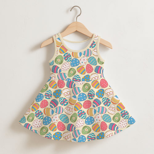 Girls bright patterned Easter egg sleeveless dress in vibrant blue green pink yellow on cream background