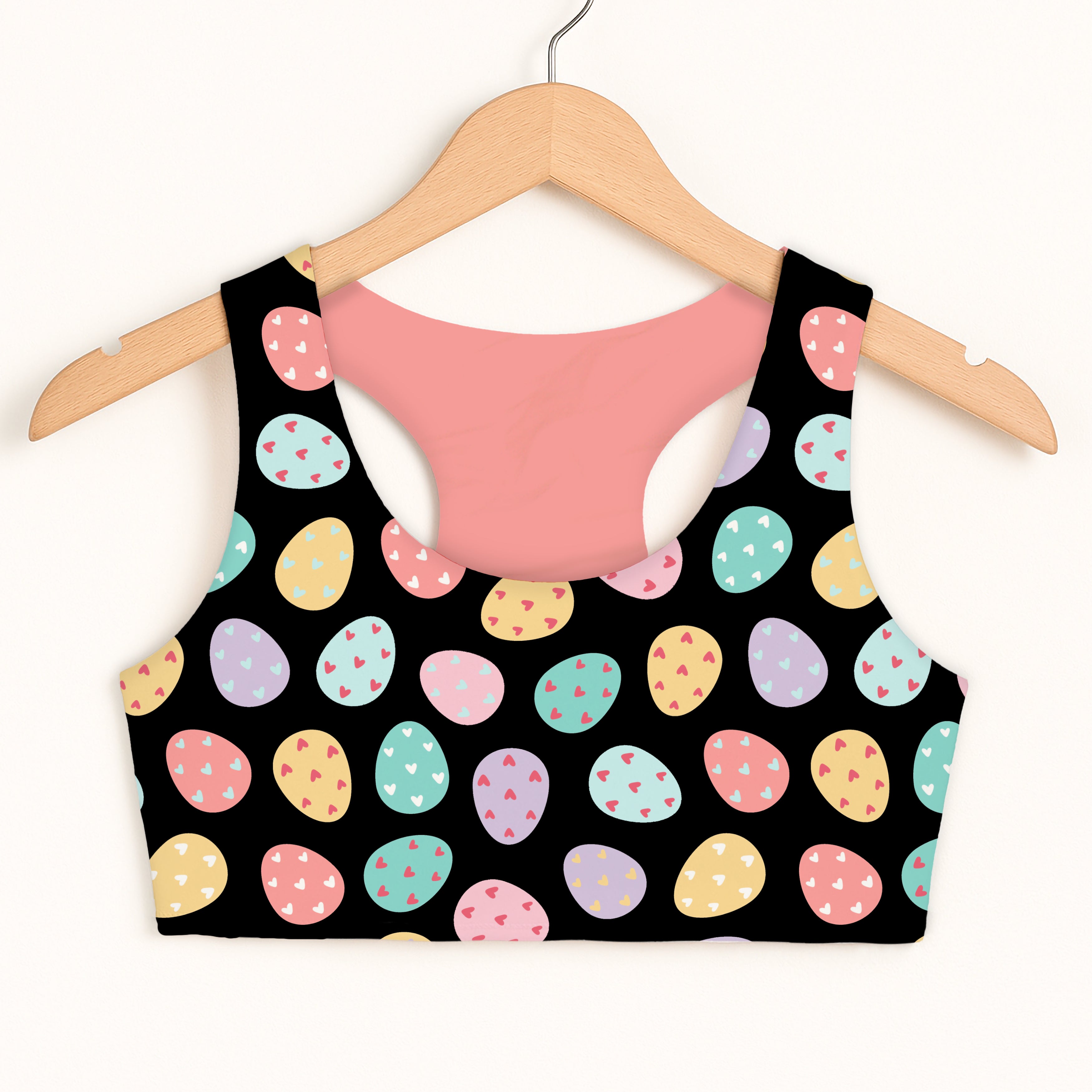 Black girls sports bra with colorful pastel easter eggs heart pattern quick drying double layered comfort
