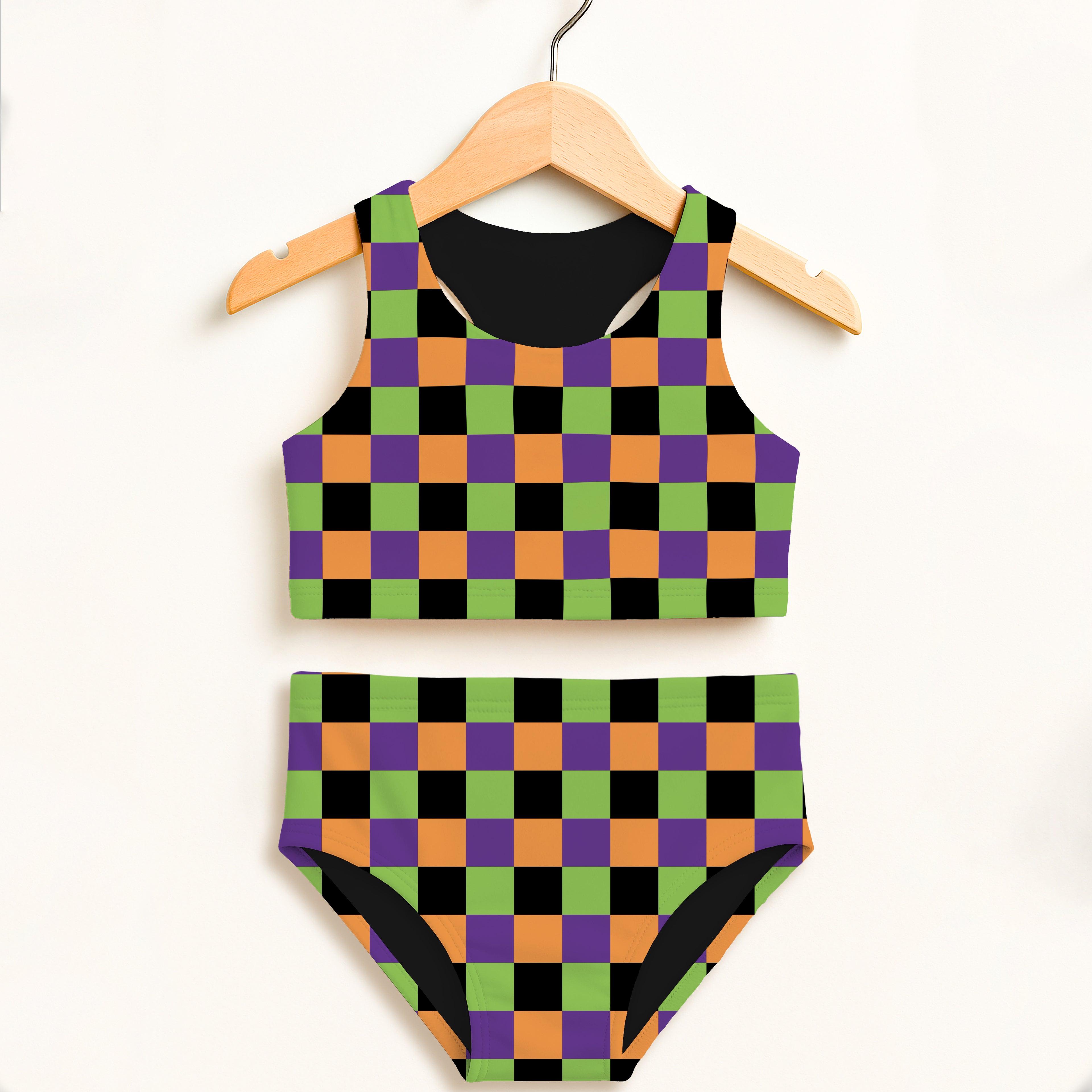 Girls Halloween Checkered Two Piece Swimsuit – Double Layered UPF 50+ High Waisted Comfort