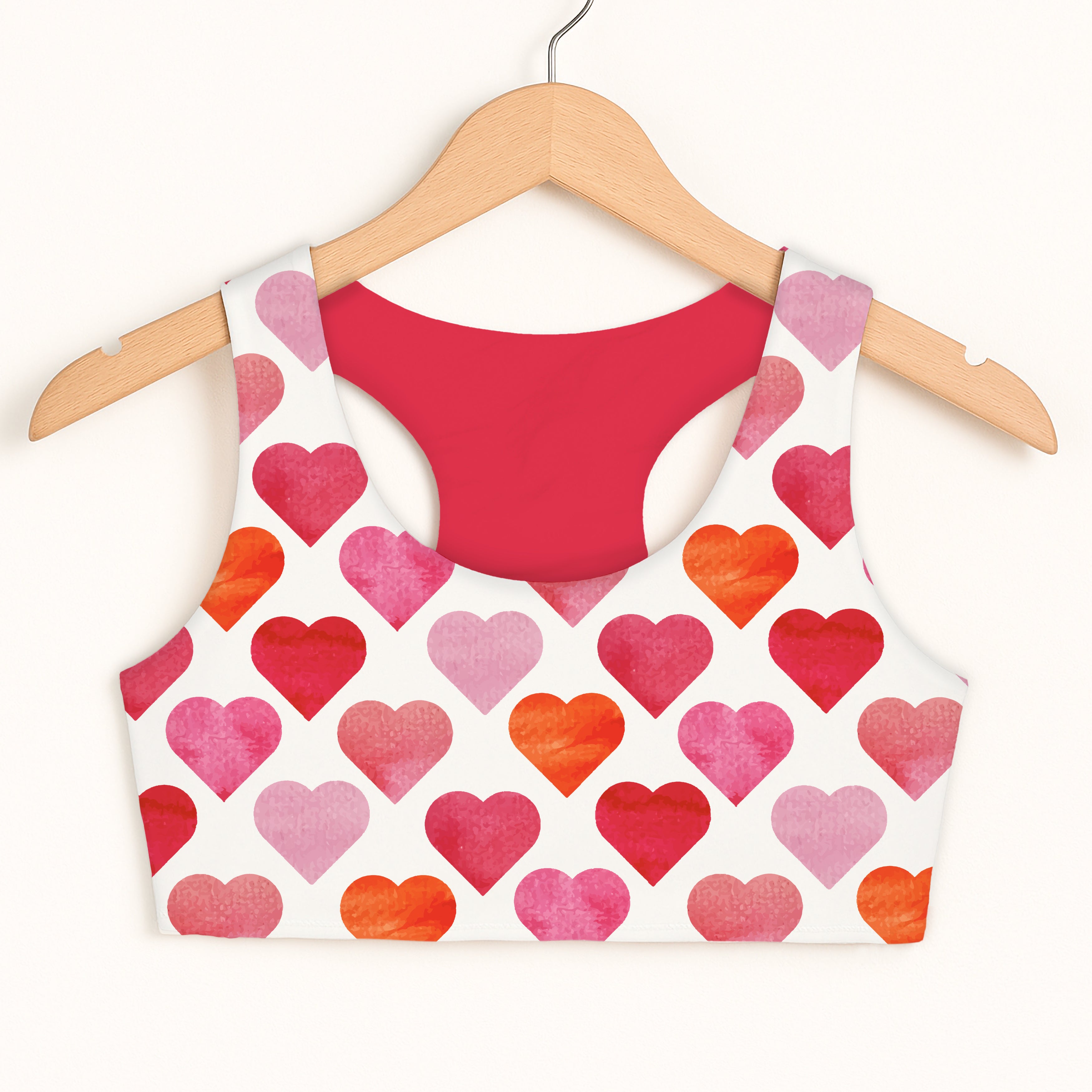 Girls watercolor heart sports bra with quick drying fabric double layered comfort white with pink and orange pattern