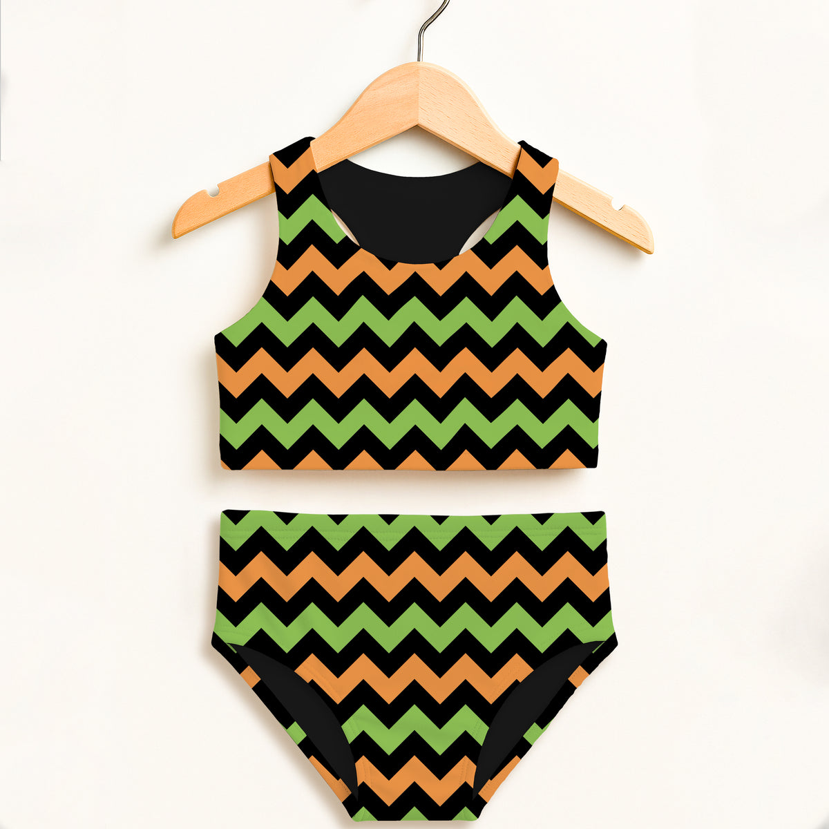 Girls Green & Black Chevron Halloween Two Piece Swimsuit – Double Layered UPF 50+ High Waisted Comfort