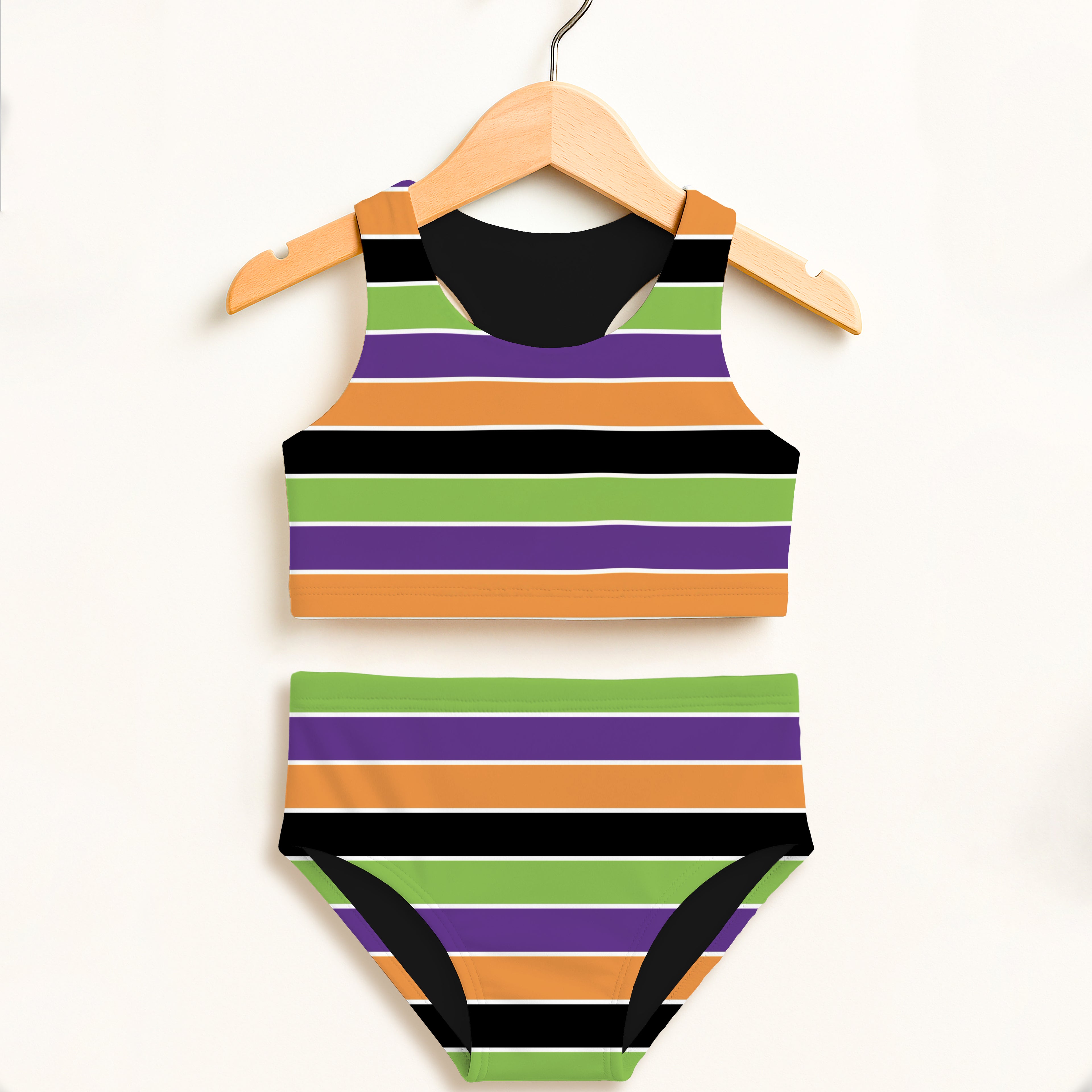Girls Halloween Striped Two Piece Swimsuit – Double Layered UPF 50+ High Waisted Comfort