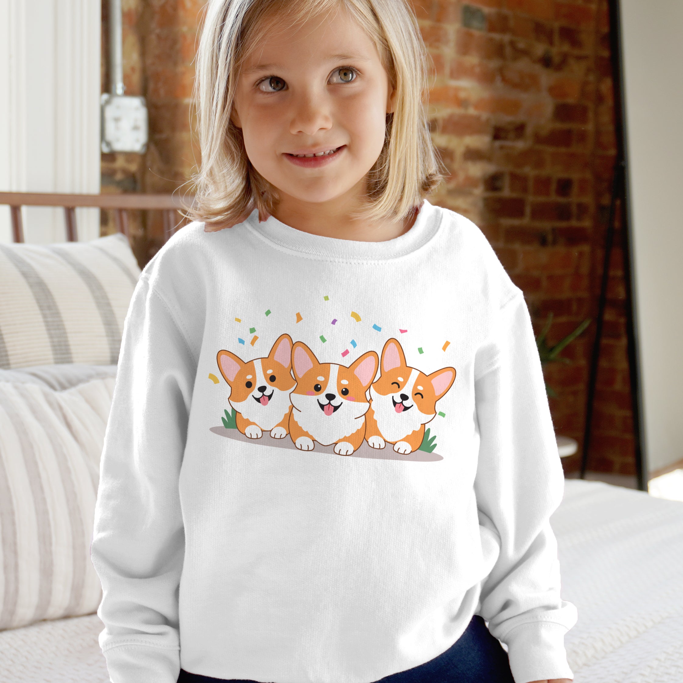 White long-sleeved kids sweatshirt with cartoon print of three orange and white corgis and confetti on front