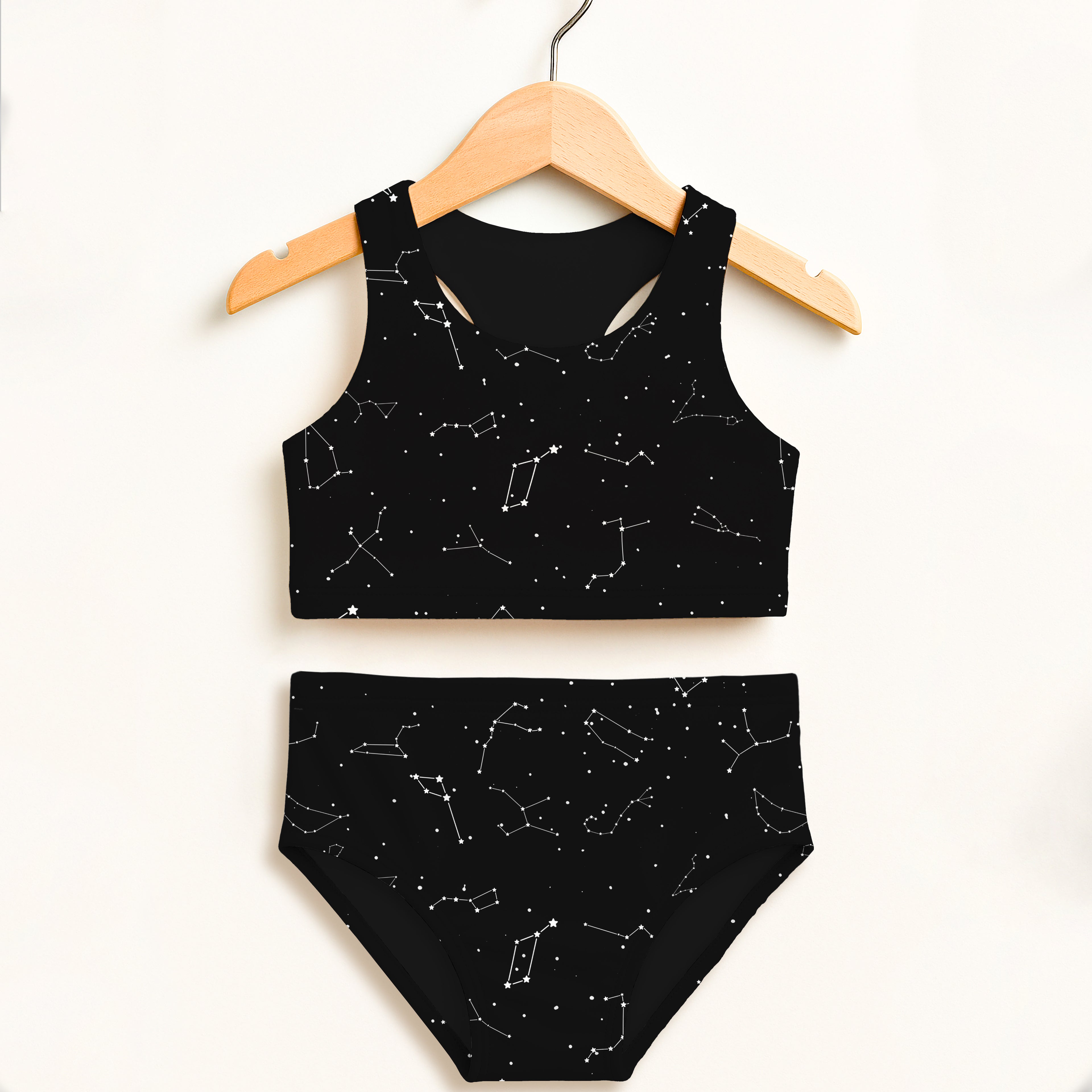 Black girls two piece swimsuit with white star constellation pattern double layered upf 50 high waisted comfort