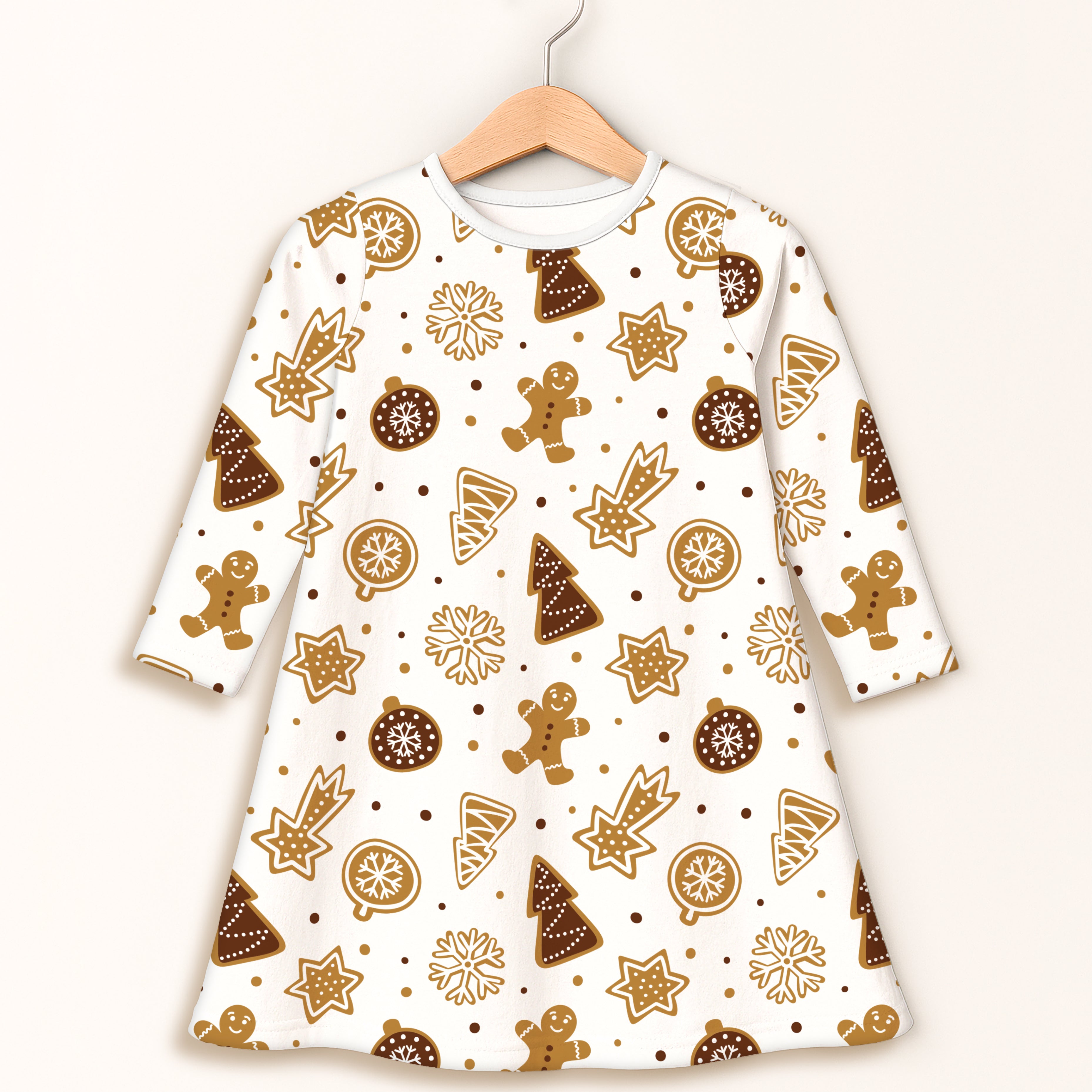 Girls gingerbread cookies christmas long sleeve white dress with brown and gold festive holiday pattern