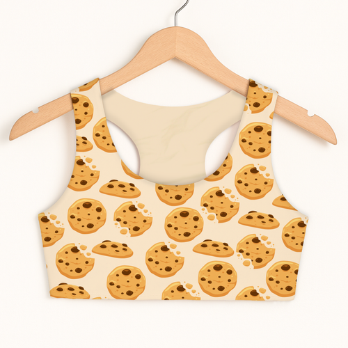 Girls chocolate chip cookies sports bra in beige with playful cartoon cookie pattern quick drying double layered comfort