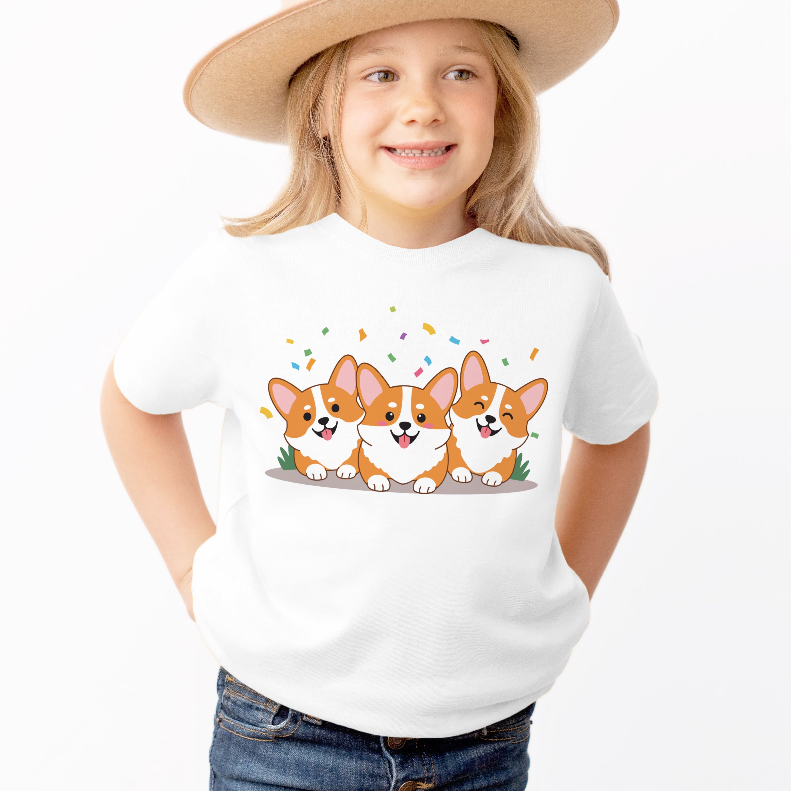 Kids Corgi Party T-Shirt - Soft Lightweight Cotton Tee