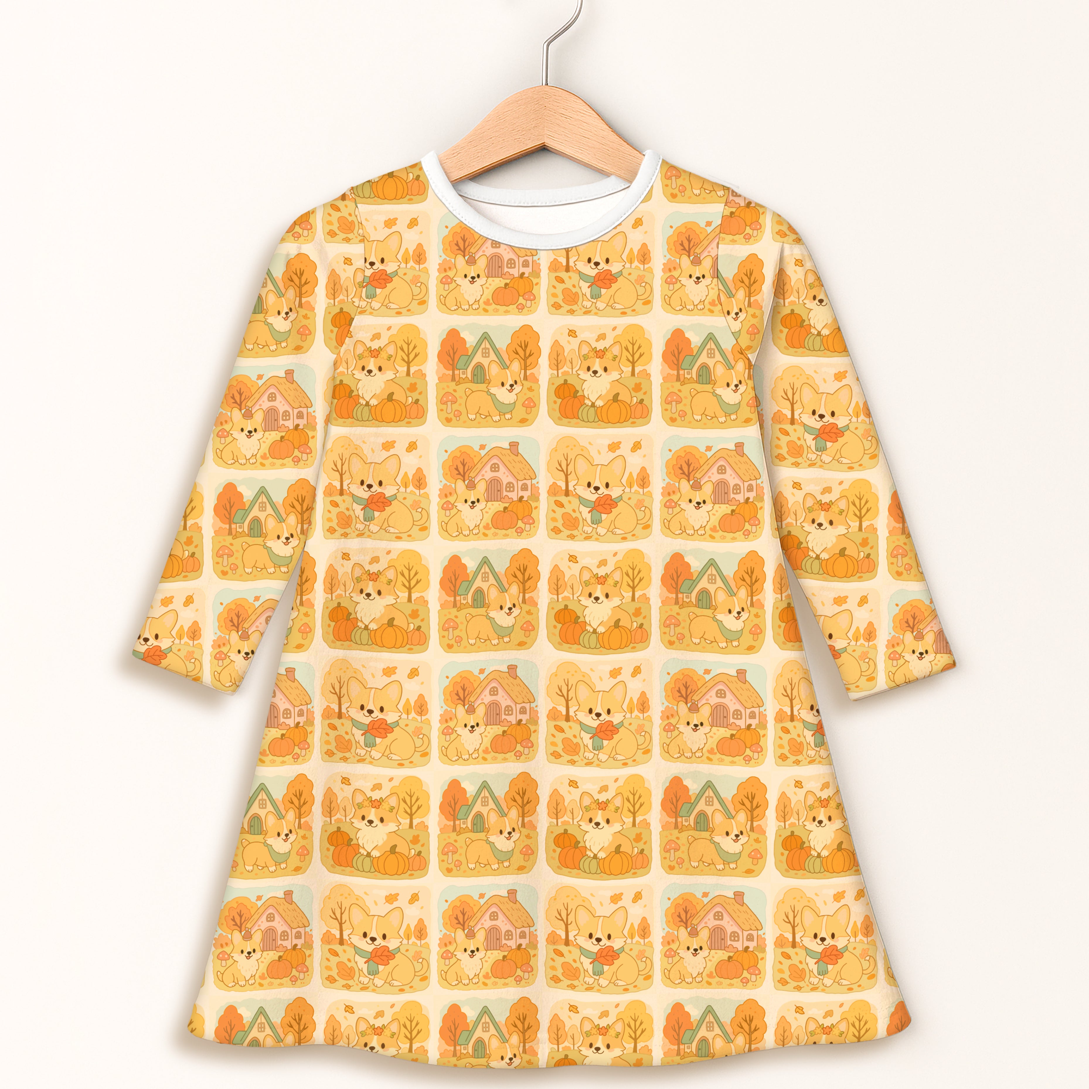 Girls fall corgi long sleeve dress in cream fabric with a-line silhouette and autumn corgi pumpkin pattern