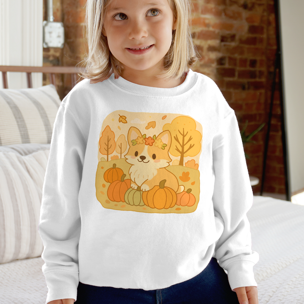 White long-sleeved sweatshirt with a cute cartoon corgi wearing a floral crown and pumpkins in autumn colors