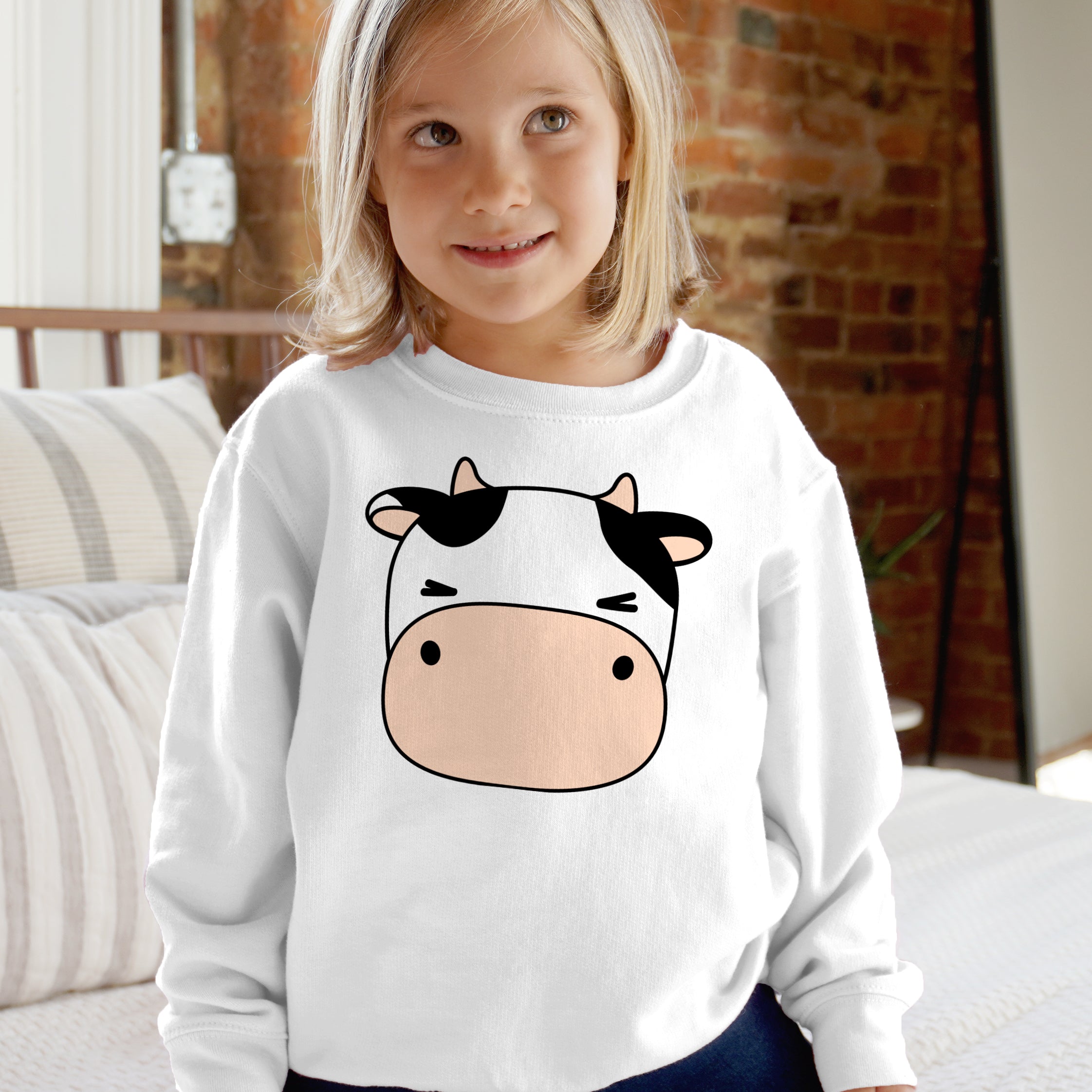 White long-sleeved kids sweatshirt with a cartoon cow face featuring black patches and a pink snout on the front