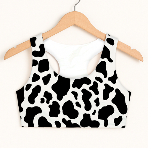 Girls cow print sports bra quick drying double layered comfort black and white hanging on wooden hanger