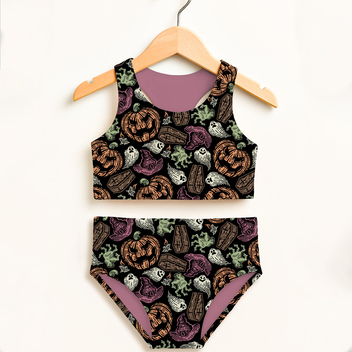 Girls Vintage Halloween Two Piece Swimsuit – Double Layered UPF 50+ High Waisted Comfort